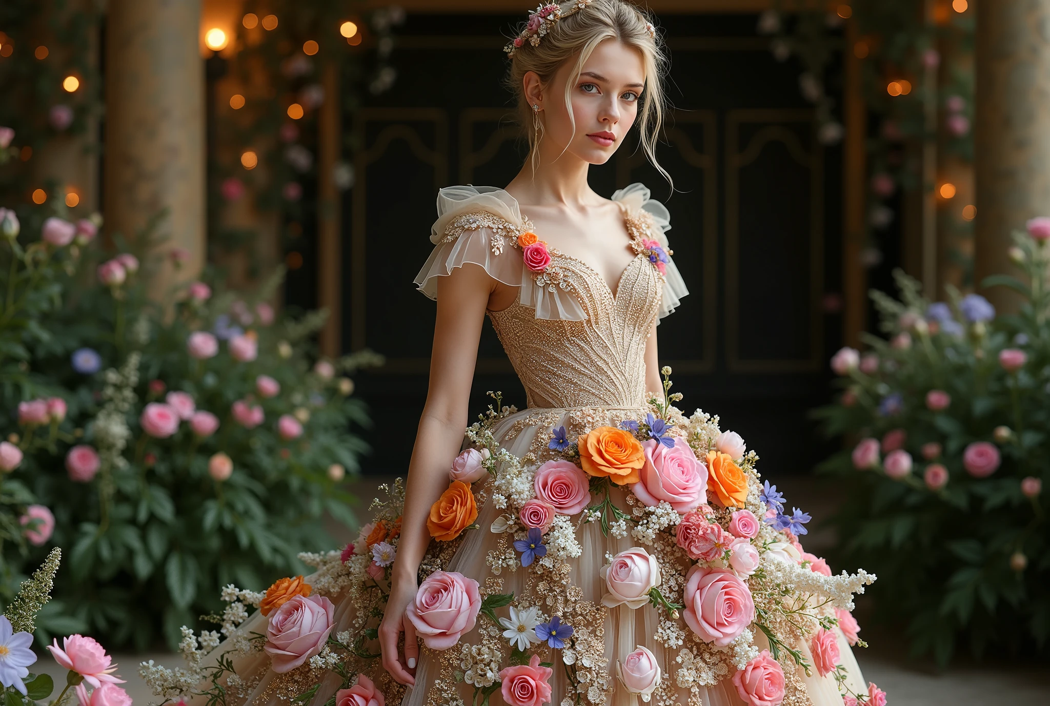 A woman with long hair and her hair has golden butterflies, your dress is pink with gold details, She is in a garden full of yellow flowers, she has very big breasts 