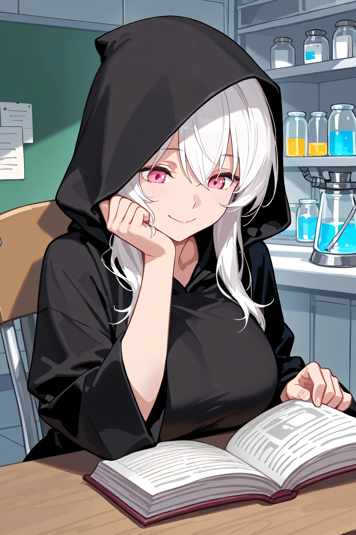 best quality, masterpiece,highest resolution, 1girl, white hair, pink eyes, black robe, science lab background, reading book, hood, mature, smile