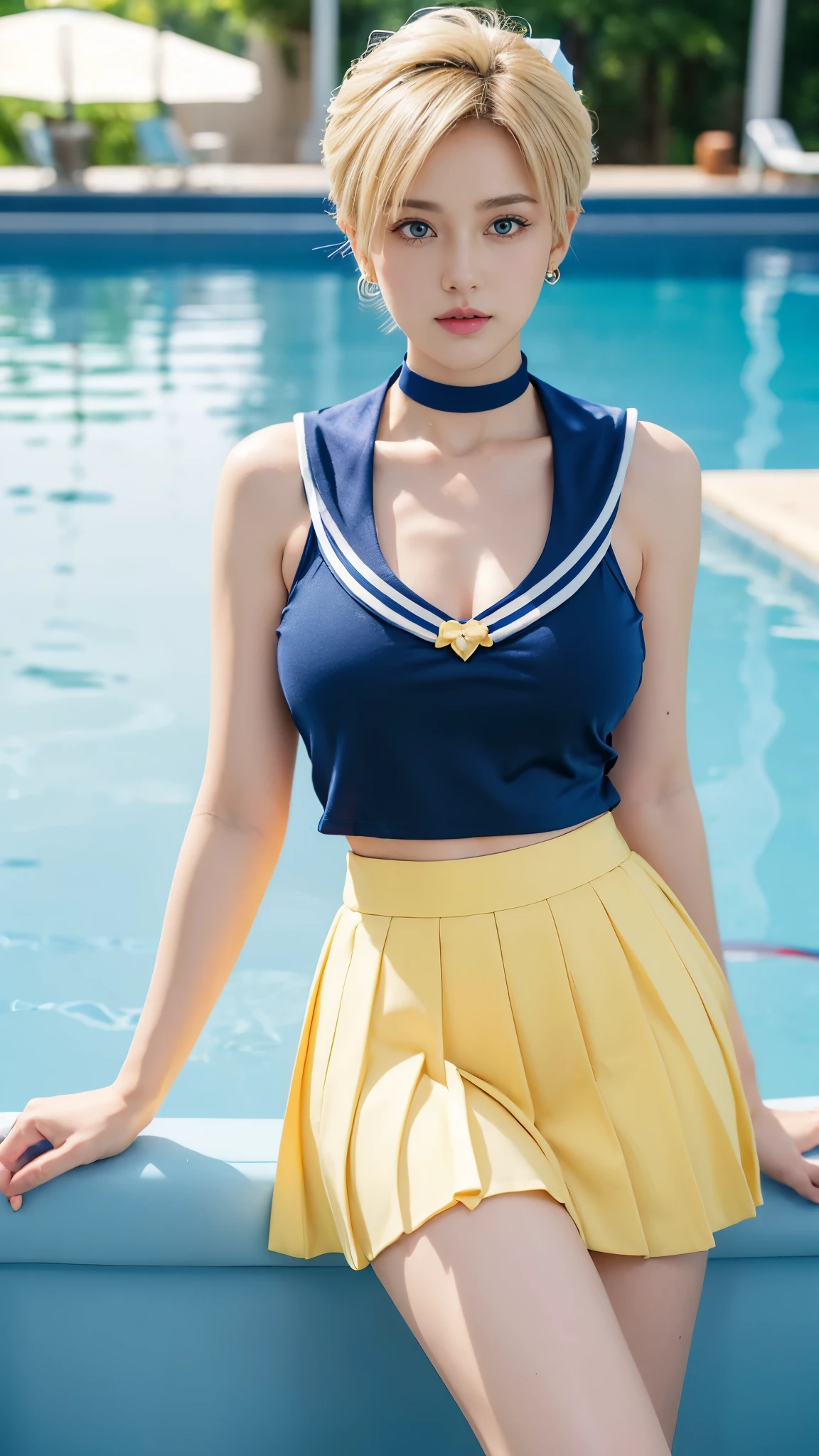 masterpiece, Highest quality, high resolution, (realistic), RAW photo, Octane rendering, Chubby face:1.1, sexy, Highest quality, Very detailed, Very accurate, Chubby face: 1.2, ((Wearing a Sailor Uranus costume)), close-up of a girl in a sailor costume posing near a swimming pool, ((Japanese girl)), anime girl cosplay, anime cosplay, cosplay, cosplay photo, realistic cosplay, anime girl in real life, full-cosplay, Sailor Moon. beautiful, baby face, light makeup, natural makeup, big breasts, tall and large body posture, thin lips, pink lips, pleated skirt, super short mini skirt, realistic anime photo, professional cosplay, sailor uniform, Sailor Moon style, ((blue classik skirt, blue classik sailor collar, blue classik choker, large bow tie on the chest, yellow bow tie)), blonde hair, ((super short hair)), ((characteristic hair of Sailor Uranus)), long gloves, ((white gloves)), tiara, earrings, (((background by the poolside))), body perfectly drawn, perfect hands and feet, perfect finger details, Sailor Uranus galaxy, Sailor Uranus cosplay, realistic.