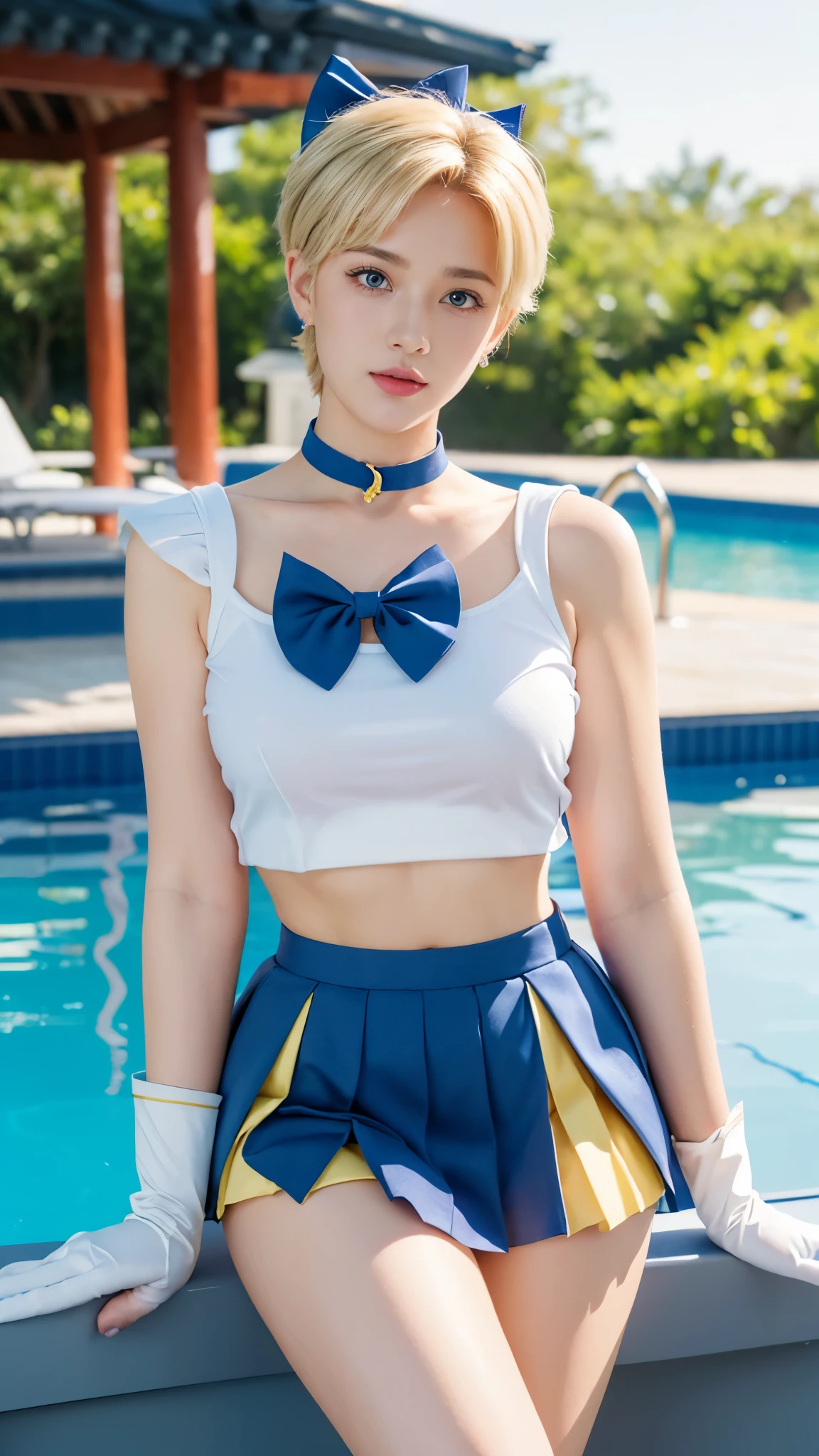 masterpiece, Highest quality, high resolution, (realistic), RAW photo, Octane rendering, Chubby face:1.1, sexy, Highest quality, Very detailed, Very accurate, Chubby face: 1.2, ((Wearing a Sailor Uranus costume)), close-up of a girl in a sailor costume posing near a swimming pool, ((Japanese girl)), anime girl cosplay, anime cosplay, cosplay, cosplay photo, realistic cosplay, anime girl in real life, full-cosplay, Sailor Moon. beautiful, baby face, light makeup, natural makeup, big breasts, tall and large body posture, thin lips, pink lips, pleated skirt, super short mini skirt, realistic anime photo, professional cosplay, sailor uniform, Sailor Moon style, ((blue classik skirt, blue classik sailor collar, blue classik choker, large bow tie on the chest, yellow bow tie)), blonde hair, ((super short hair)), ((characteristic hair of Sailor Uranus)), long gloves, ((white gloves)), tiara, earrings, (((background by the poolside))), body perfectly drawn, perfect hands and feet, perfect finger details, Sailor Uranus galaxy, Sailor Uranus cosplay, realistic.