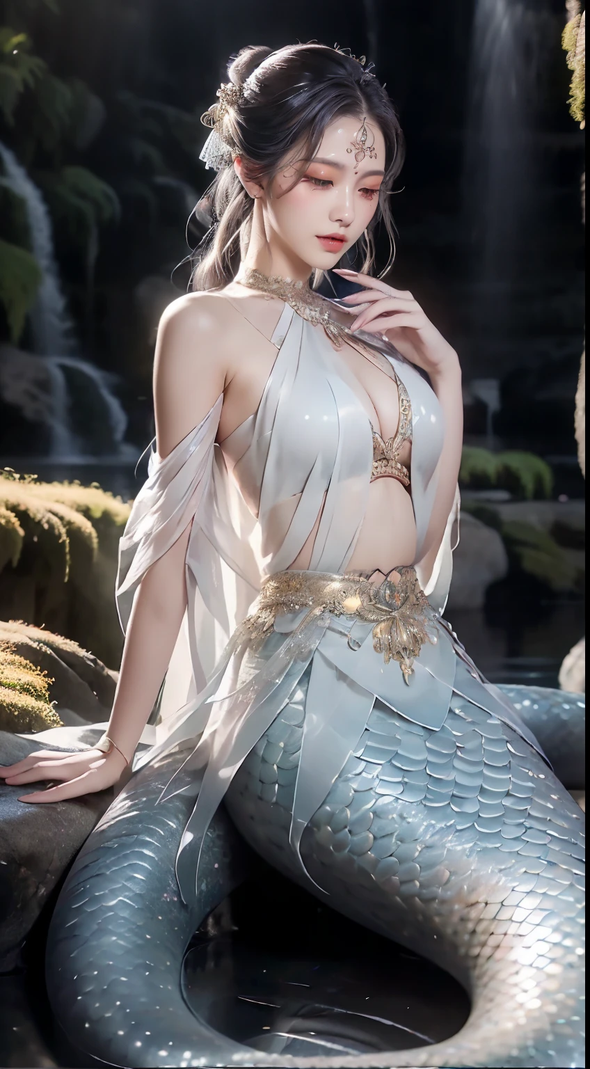 White Snake Ji,((Best Picture Quality, 8K, tmasterpiece:1.3)), sweetheart, hair-bun,hair pin,Slim abs:1.3, (Classic hairstyle, leaking big breasts:1.2), faeries,Delicate white snake scales:1.3, (mermaids:1.2),(Elongated S-shaped white snake tail:1.3),Ultra-fine face, detailed eyes, double eyelid,Meticulous hands,Hand strengthening,Cold,Elegant,(Transparent white tulle skirt:1.2),Many white tulle streamers,They want,Letter tattoos,ancient wind,8K
