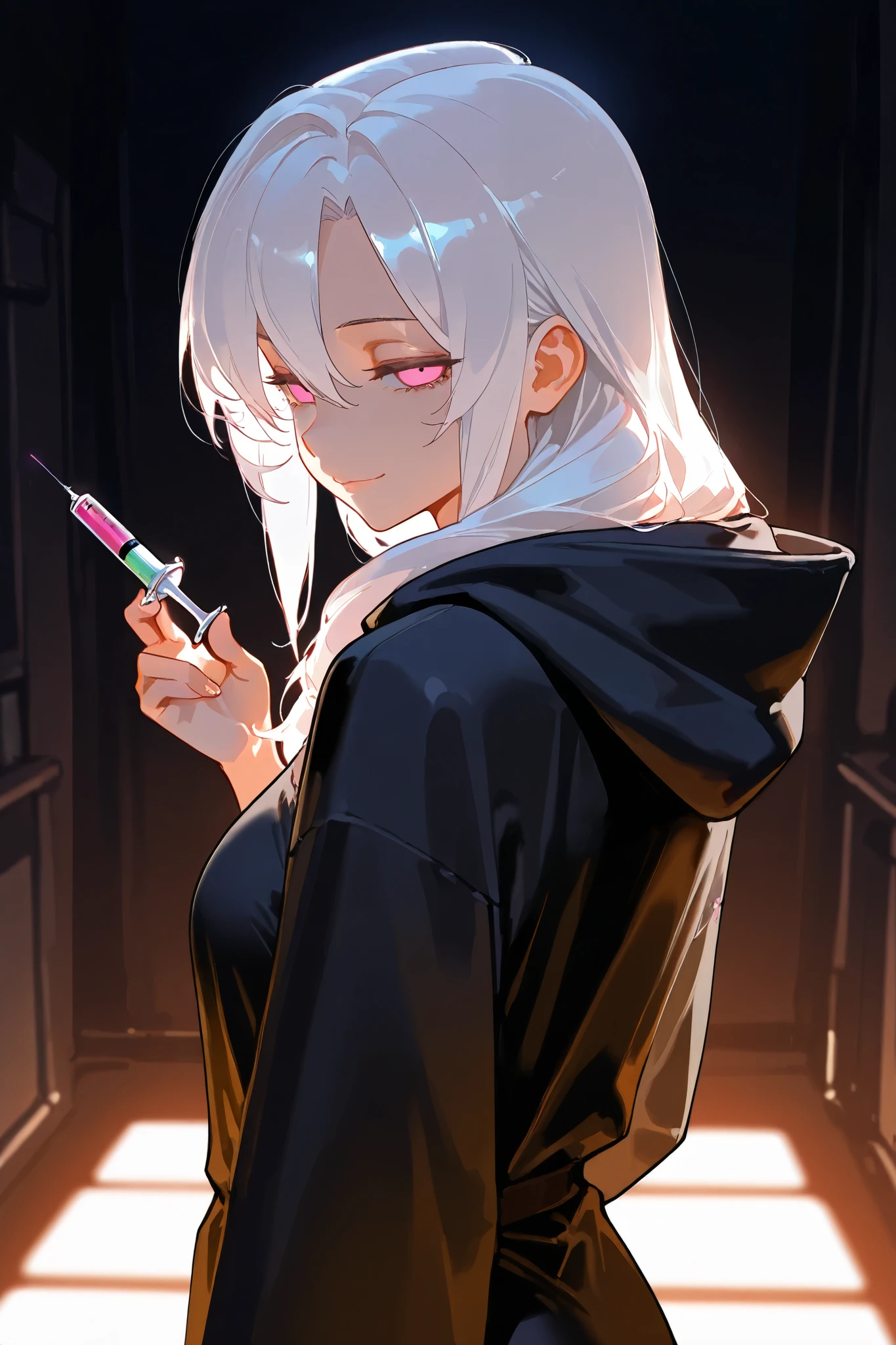 best quality, masterpiece,highest resolution, 1girl, white hair, expressionless eyes, black robe, dark room background, pink eyes, holding syringe, hood, mature, look back, mean smile, mean face
