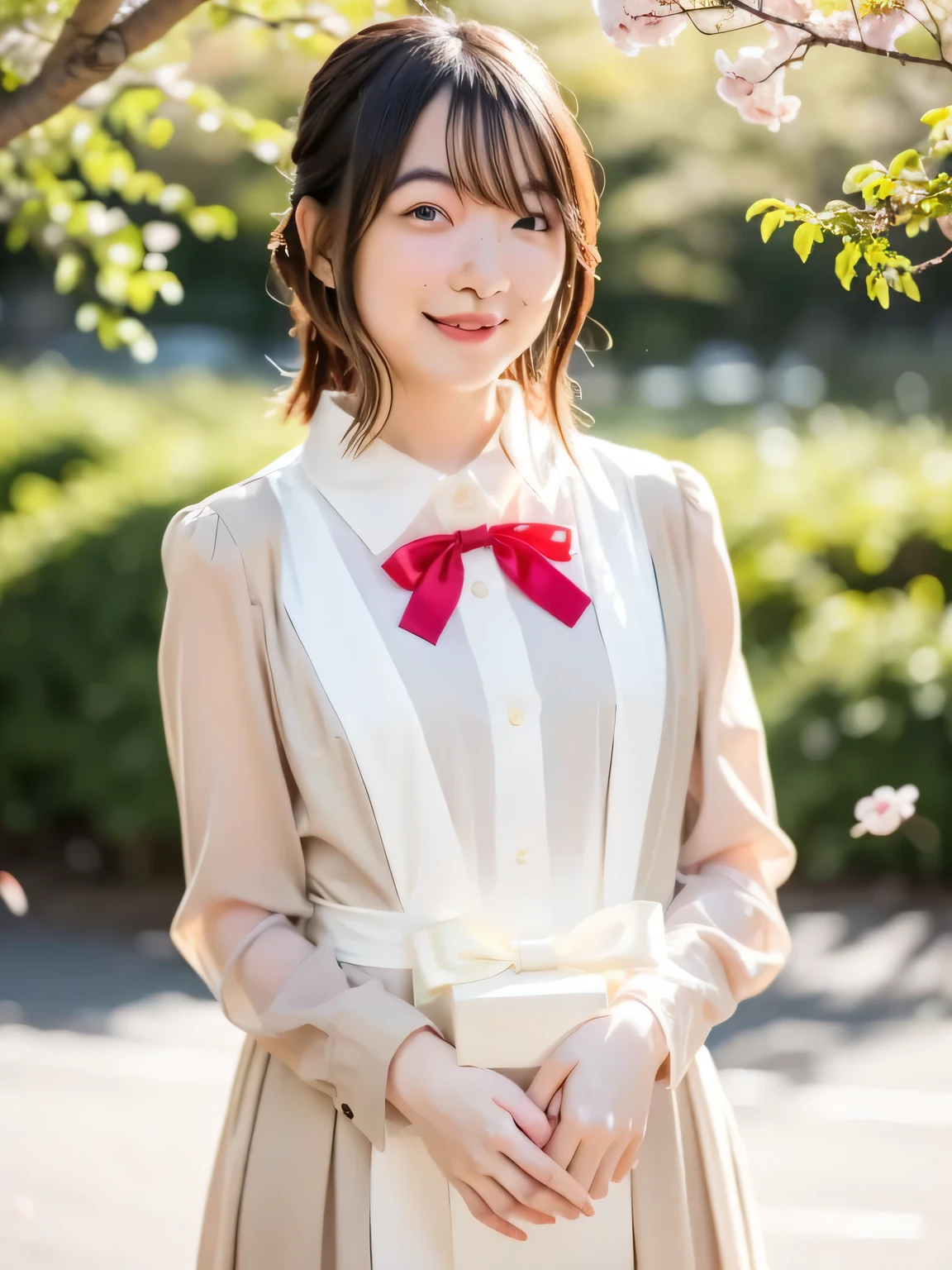 A stunningly beautiful 20-year-old woman stands in a lush green park full of cherry blossoms in full bloom under a clear blue sky. She is wearing a classic sailor uniform and holds a neatly wrapped gift box with a red ribbon in both hands in front of her chest. The box is small, wrapped in decorative paper, and tied with a bow. She looks very happy, with a radiant and joyful expression.A stunningly beautiful 20-year-old woman stands in a lush green park full of cherry blossoms in full bloom under a clear blue sky. She is wearing a classic sailor uniform and holds a neatly wrapped gift box with a red ribbon in both hands in front of her chest. The box is small, wrapped in decorative paper, and tied with a bow. She looks very happy, with a radiant and joyful expression.