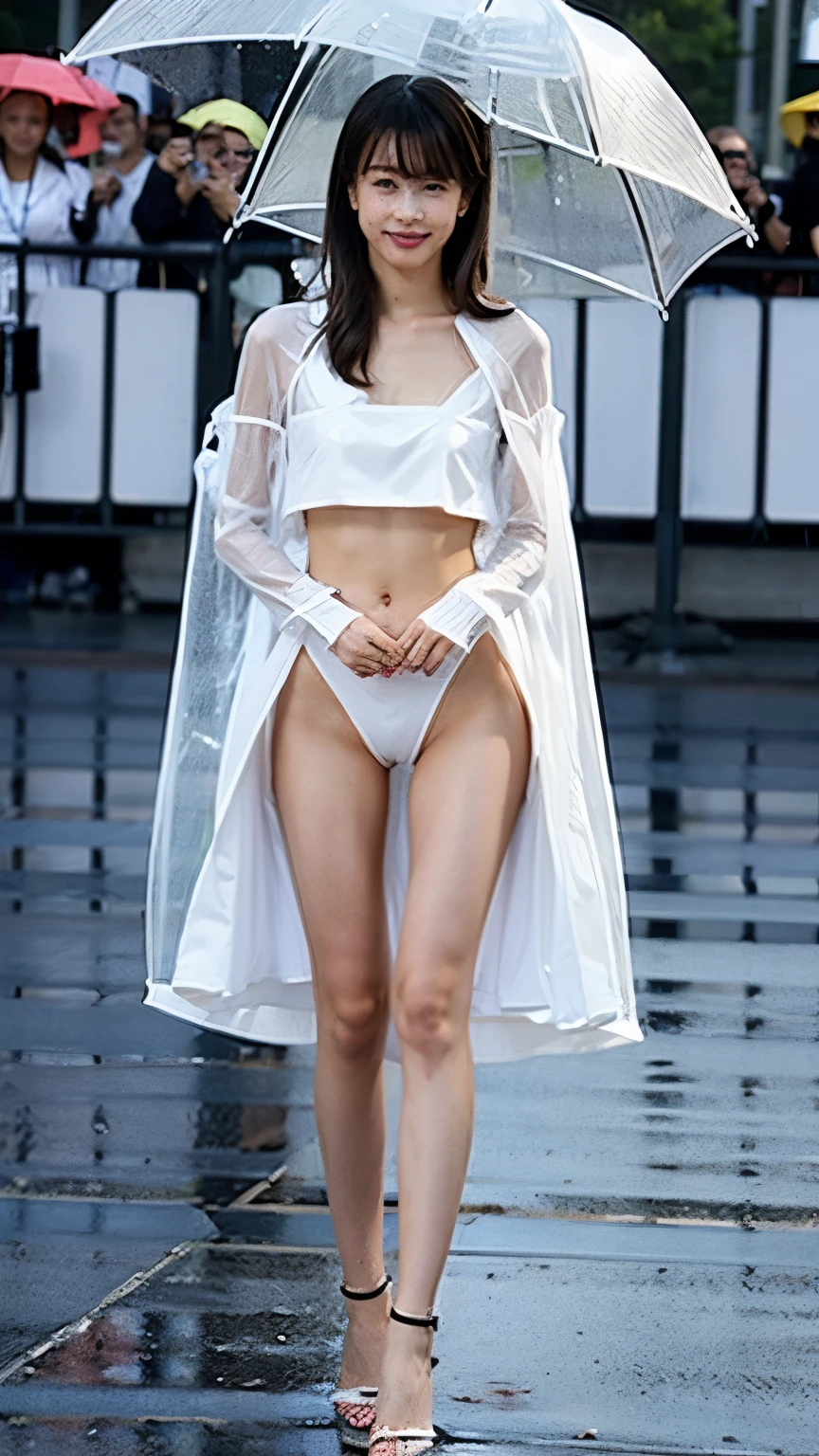 A girl walking down the runway at a fashion show, thigh, (See-through kimono:1.7), (High resolution:1.3), (16K, Realistic, RAW Photos, Best image quality: 1.4), (One Girl), Beautiful Face, (Lively Faces), Beautiful hairstyle, Realistic eyes, Beautiful and exquisite, (Realistic Skin), Beautiful skins, charm, 超High resolution, Surreal, High detail, Golden Ratio, Highly detailed cute girl,(20-year-old), naked