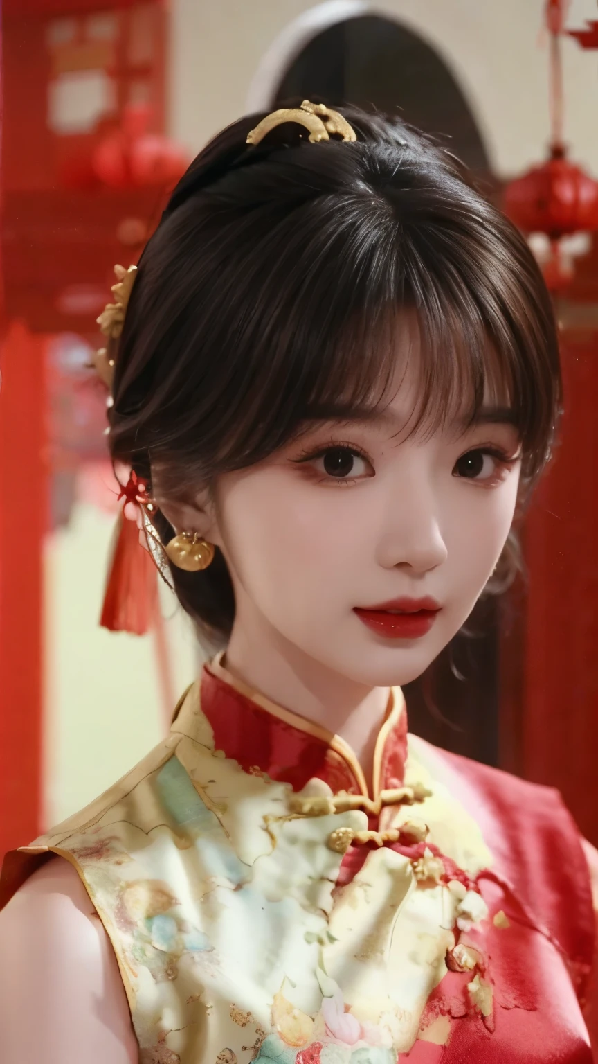 Hanfu,palace,穿Hanfu的女孩,Wearing ancient Chinese clothing,Traditional Chinese Clothing,Ancient Chinese Clothing,Ancient Chinese Princess,Chinese,Shoulder,Beth,( masterpiece),( highest quality:1.1),( Very detailed), BEST ILLUSTRATION , exquisite details ,(portrait:1.1),( intense close-up ),(Extremely delicate and pretty face ),Frontal lobe,Jewelry,Beauty,Lunar New Year Cheongsam , bangs