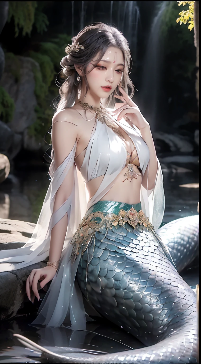 White Snake Ji,((Best Picture Quality, 8K, tmasterpiece:1.3)), sweetheart,long hair,hair pin,Slim abs:1.3, (Classic hairstyle, leaking big breasts:1.2), faeries,Delicate white snake scales:1.3, (mermaids:1.2),(Elongated S-shaped white snake tail:1.3),Ultra-fine face, detailed eyes, double eyelid,Meticulous hands,Hand strengthening,Cold,Elegant,(Transparent white tulle skirt:1.2),Many white tulle streamers,They want,Letter tattoos,ancient wind,8K