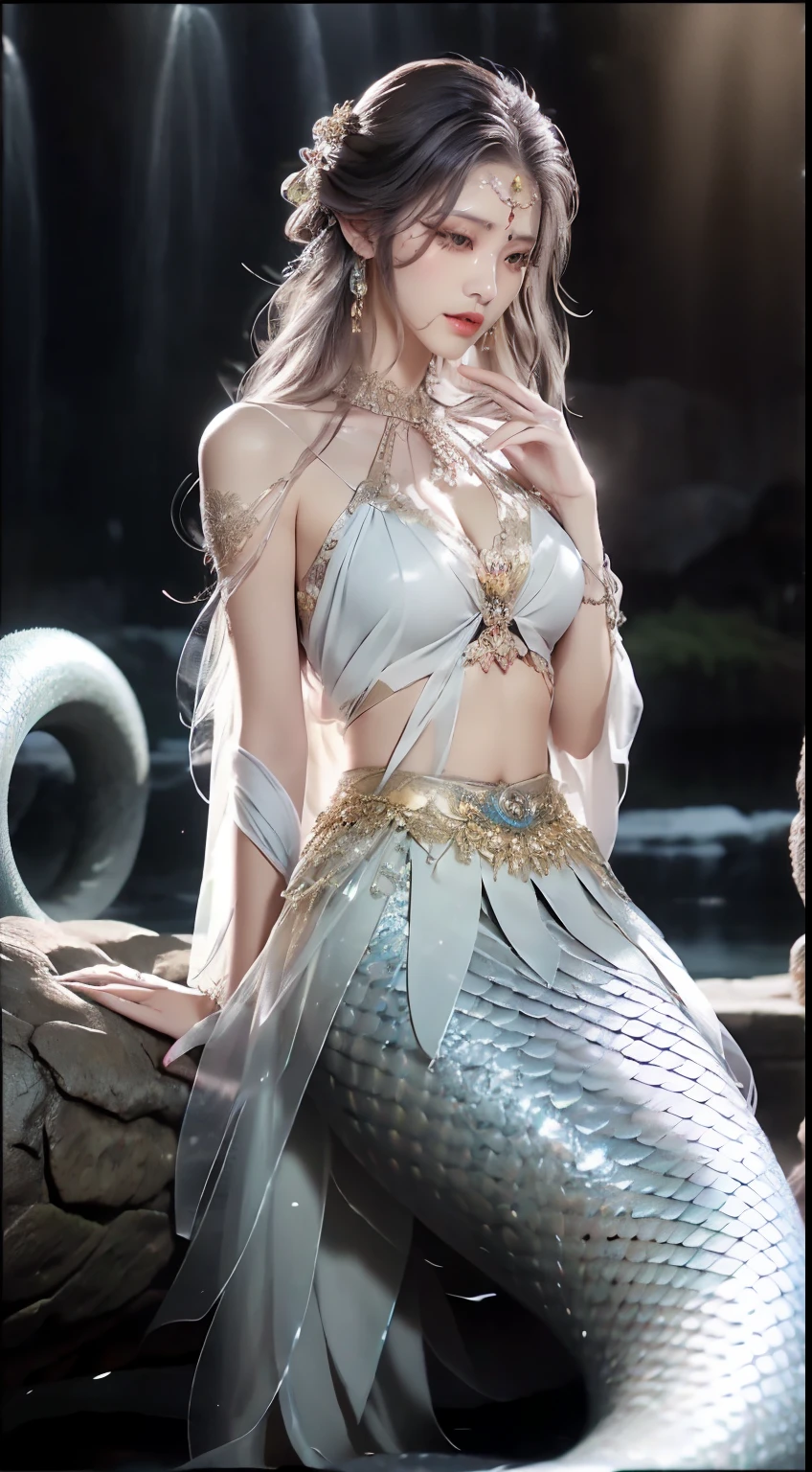 White Snake Ji,((Best Picture Quality, 8K, tmasterpiece:1.3)), sweetheart,long hair,hair pin,Slim abs:1.3, (Classic hairstyle, leaking big breasts:1.2), faeries,Delicate white snake scales:1.3, (mermaids:1.2),(Elongated S-shaped white snake tail:1.3),Ultra-fine face, detailed eyes, double eyelid,Meticulous hands,Hand strengthening,Cold,Elegant,(Transparent white tulle skirt:1.2),Many white tulle streamers,They want,Letter tattoos,ancient wind,8K