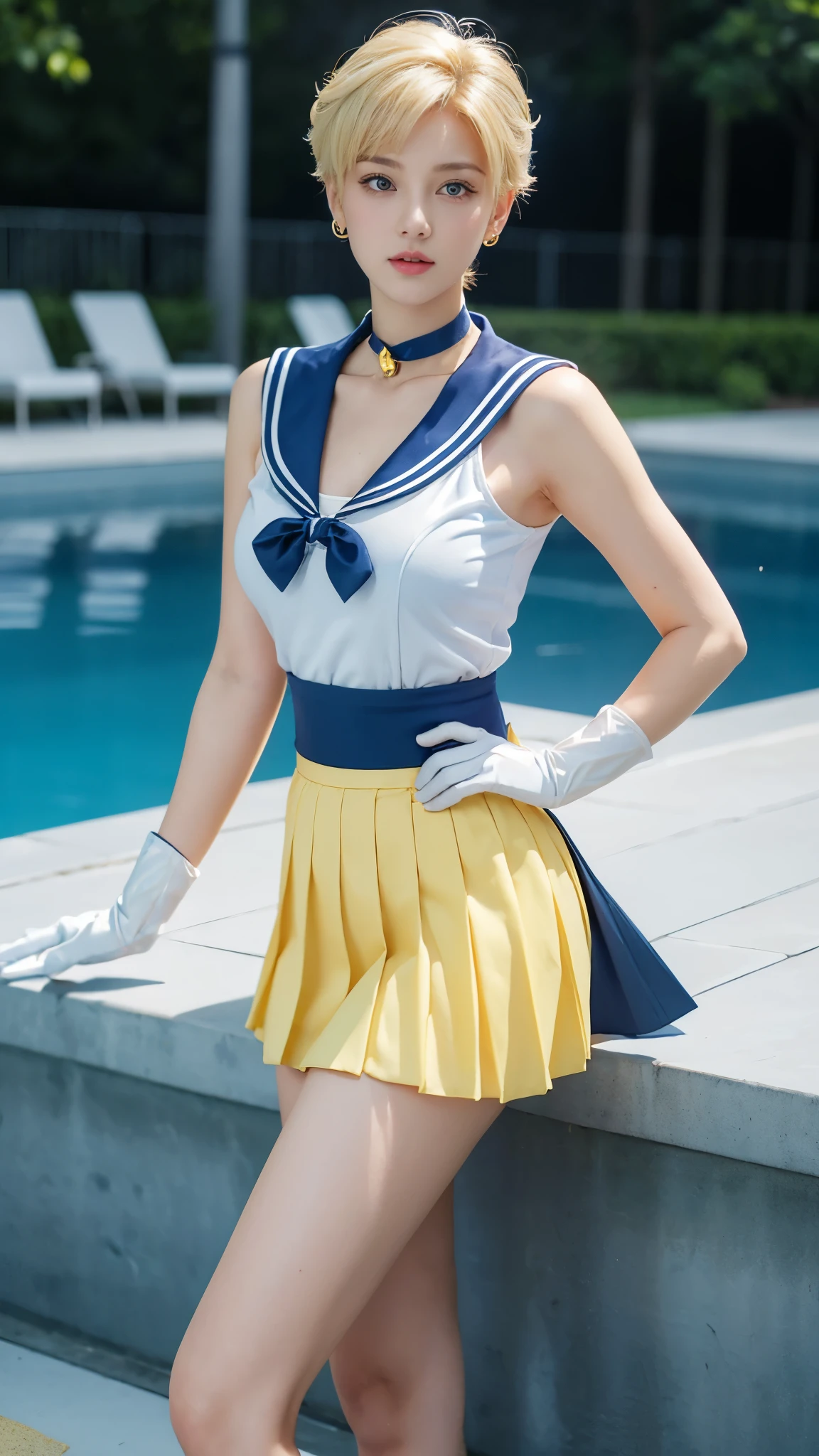 masterpiece, Highest quality, high resolution, (realistic), RAW photo, Octane rendering, Chubby face:1.1, sexy, Highest quality, Very detailed, Very accurate, Chubby face: 1.2, ((Wearing a Sailor Uranus costume)), close-up of a girl in a sailor costume posing near a swimming pool, ((Japanese girl)), anime girl cosplay, anime cosplay, cosplay, cosplay photo, realistic cosplay, anime girl in real life, full-cosplay, Sailor Moon. beautiful, baby face, light makeup, natural makeup, large breasts, tall and big body posture, thin lips, pink lips, pleated skirt, super short mini skirt, realistic anime photo, professional cosplay, sailor uniform, Sailor Moon style, ((classic blue skirt, classic blue sailor collar, classic blue choker, large yellow ribbon on the chest)), blonde hair, very short hair, ((characteristic Sailor Uranus hair)), long gloves, ((white gloves)), tiara, earrings, (((background by the edge of the pool))), body perfectly drawn, perfect hands and feet, perfect finger details, Sailor Uranus, Sailor Uranus cosplay, realistic