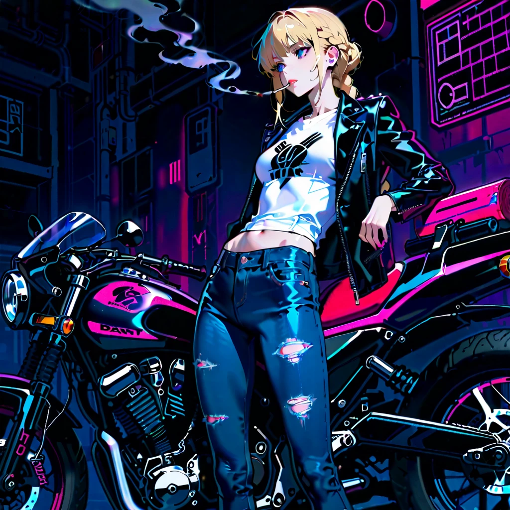 cool beauty female, blonde hair, braid, latex jacket, Loose shirt, skinny jeans, lean back, smoking cigarette, smoke, motorcycle, midnight neon town, maximum masterpiece, vibrant colors, high contrast, absurdres extremely, extremely textures, intricate details