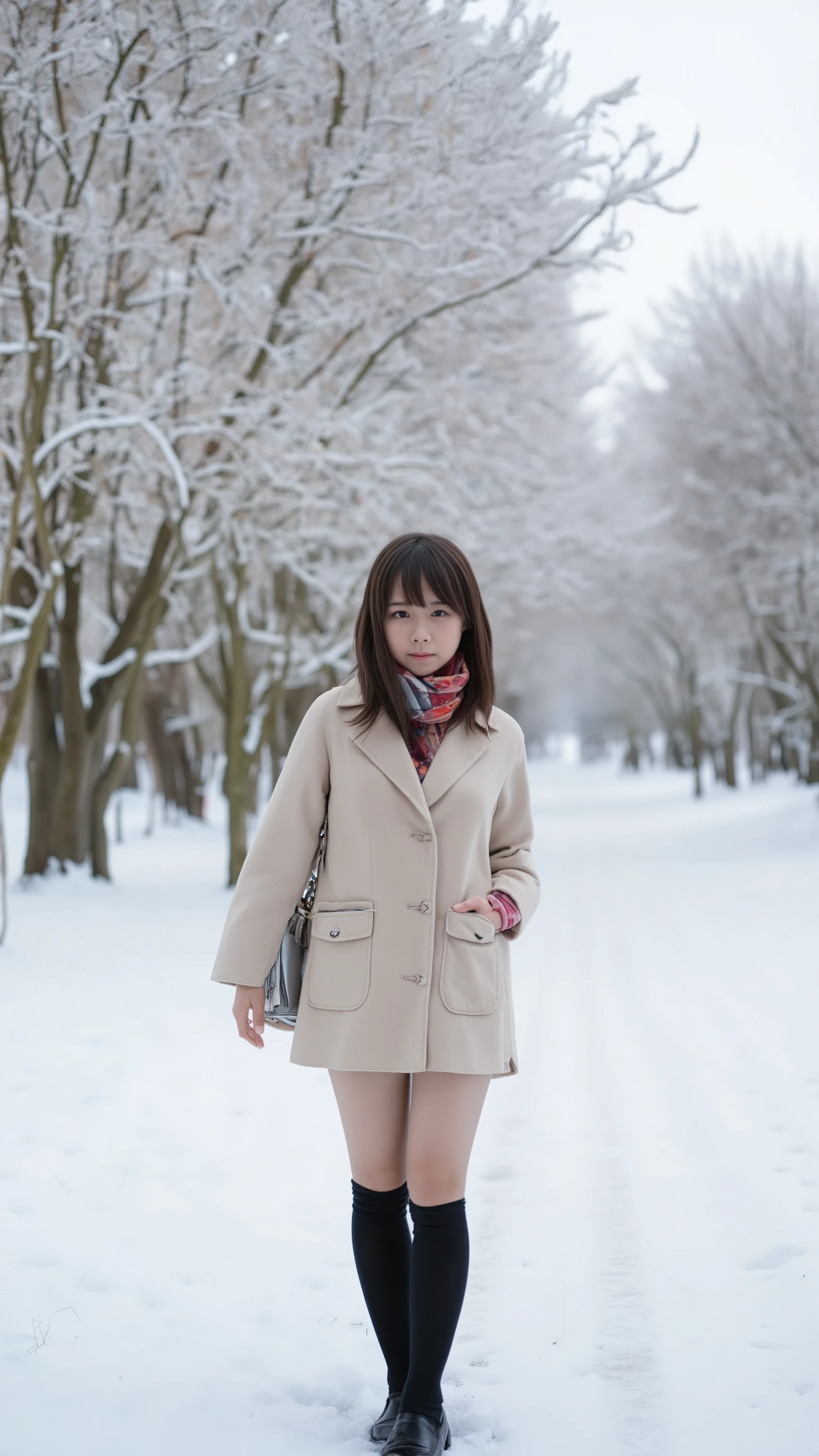 Snow is piling up on street trees in winter、A woman in her 20s wearing a coat、Short hair with a composition where you can see your whole body、 I'm wearing a pleated miniskirt and thick black tights underneath、I'm wearing boots and a scarf wrapped