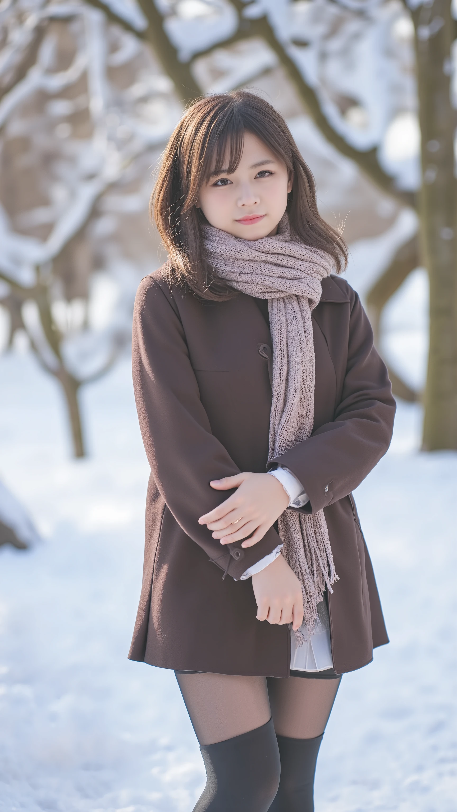Snow is piling up on street trees in winter、 woman in her 20s wearing a coat、Short hair with a composition where you can see your whole body、 wear a pleated mini skirt、I'm wearing thick black tights 、I'm wearing boots and a scarf wrapped 、( black stockings:1.3)