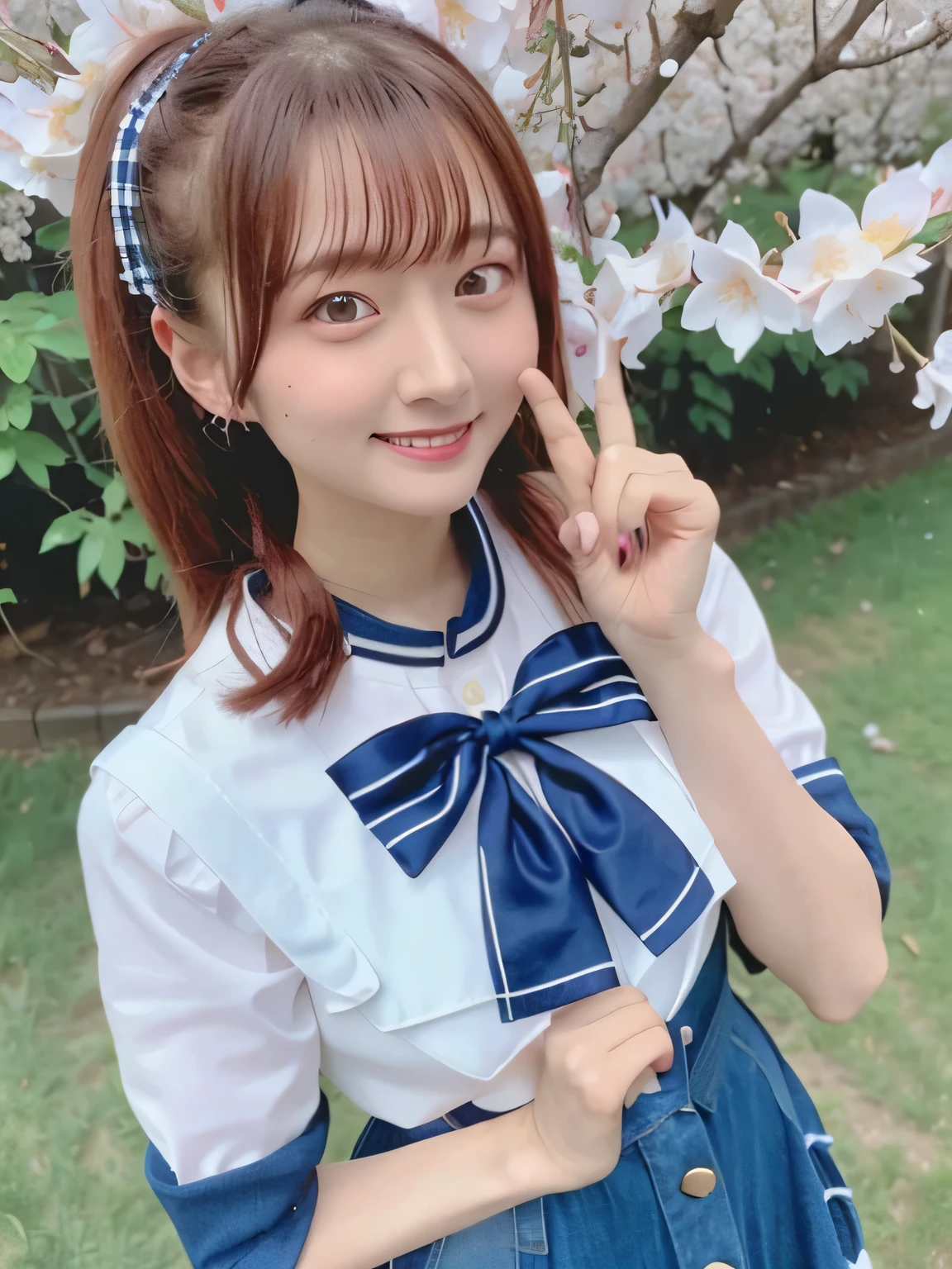 A stunningly beautiful 20-year-old woman stands in a lush green park full of cherry blossoms in full bloom under a clear blue sky. She is wearing a classic sailor uniform and holds a neatly wrapped gift box with a red ribbon in both hands in front of her chest. The box is small, wrapped in decorative paper, and tied with a bow. She looks very happy, with a radiant and joyful expression.A stunningly beautiful 20-year-old woman stands in a lush green park full of cherry blossoms in full bloom under a clear blue sky. She is wearing a classic sailor uniform and holds a neatly wrapped gift box with a red ribbon in both hands in front of her chest. The box is small, wrapped in decorative paper, and tied with a bow. She looks very happy, with a radiant and joyful expression.