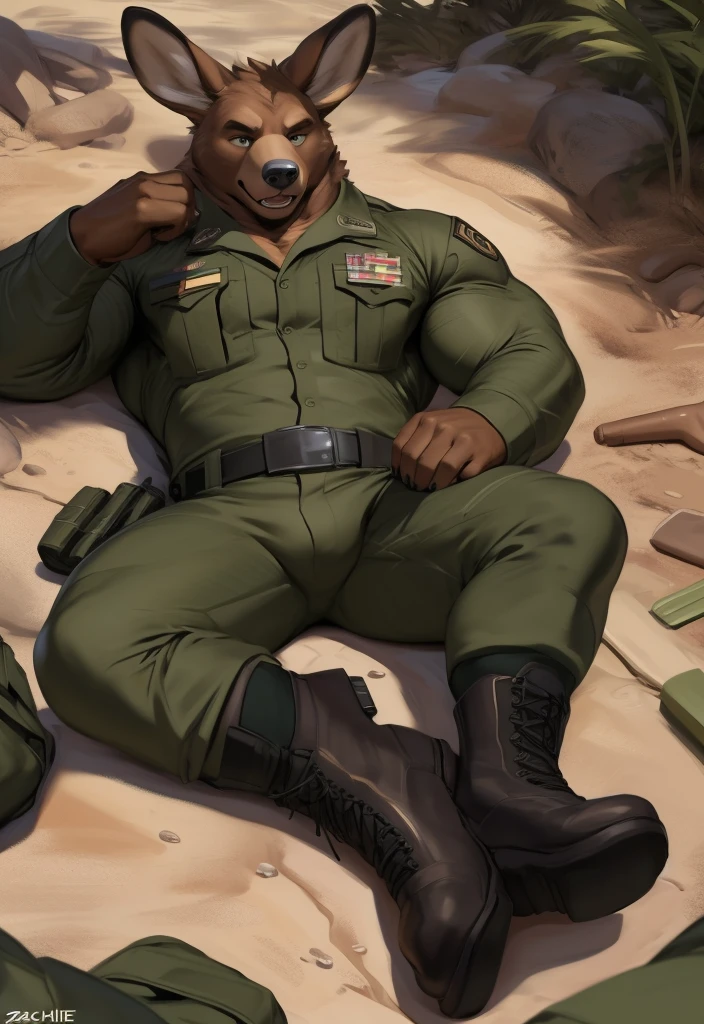 Black Bear,personification,Strong Man,Soldier vest,With eyes closed,sleep,White sexy briefs,lying on the grass。