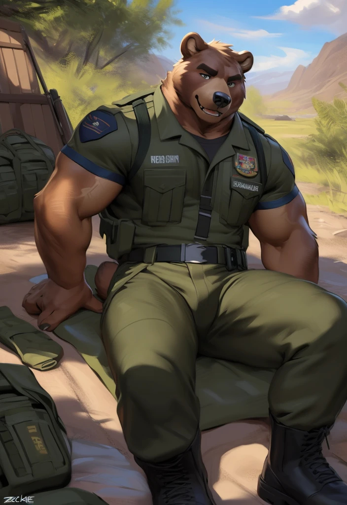 Photorealistic full body an 50 year old muscular Chis Redfield with shaved brown hair, five o'clock shadow, blue eyes and glasses with black frames in a tan camp counselor shirt and dark brown cargo shorts, black socks (socks1.4), and no shoe and a tall very buff 48 year old Caucasian young man with shaved blond hair, green eyes, and facial stubble in a tan camp counselor shirt and dark brown cargo shorts, white socks, and tan hiking boots are sitting together on a log in front of a campfire at night. Sexy, masculine, muscular, love, veiny, muscular hairy legs, hairy chest, very large uncut dick, only feets