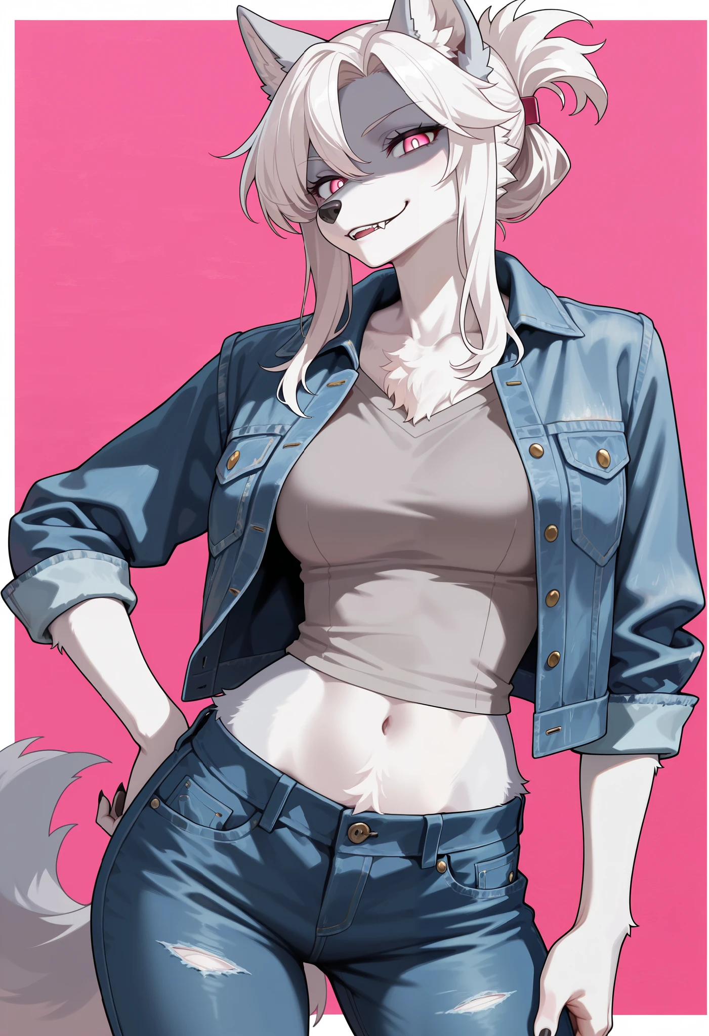 masterpiece, best quality, amazing quality, cowboy shot, furry, furry female, wolf girl, aged up, contrapposto, hand on own hip, smirk, parted lips, looking at viewer, shaded face, silver fur, two-toned fur, (body fur:1.2), fluffy, white hair, folded ponytail, pink eyes, white pupils, snout, [fangs], claws, medium breasts, wide hips, denim jacket, gray shirt, midriff, jeans, simple background, pink background, white border
