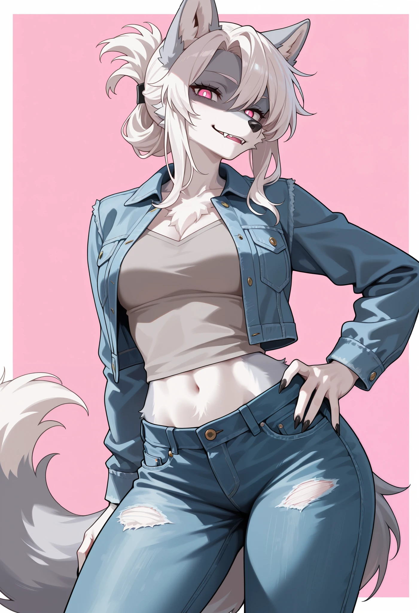 masterpiece, best quality, amazing quality, cowboy shot, furry, furry female, wolf girl, aged up, contrapposto, hand on own hip, smirk, parted lips, looking at viewer, shaded face, silver fur, two-toned fur, (body fur:1.2), fluffy, white hair, folded ponytail, pink eyes, white pupils, snout, [fangs], claws, medium breasts, wide hips, denim jacket, gray shirt, midriff, jeans, simple background, pink background, white border