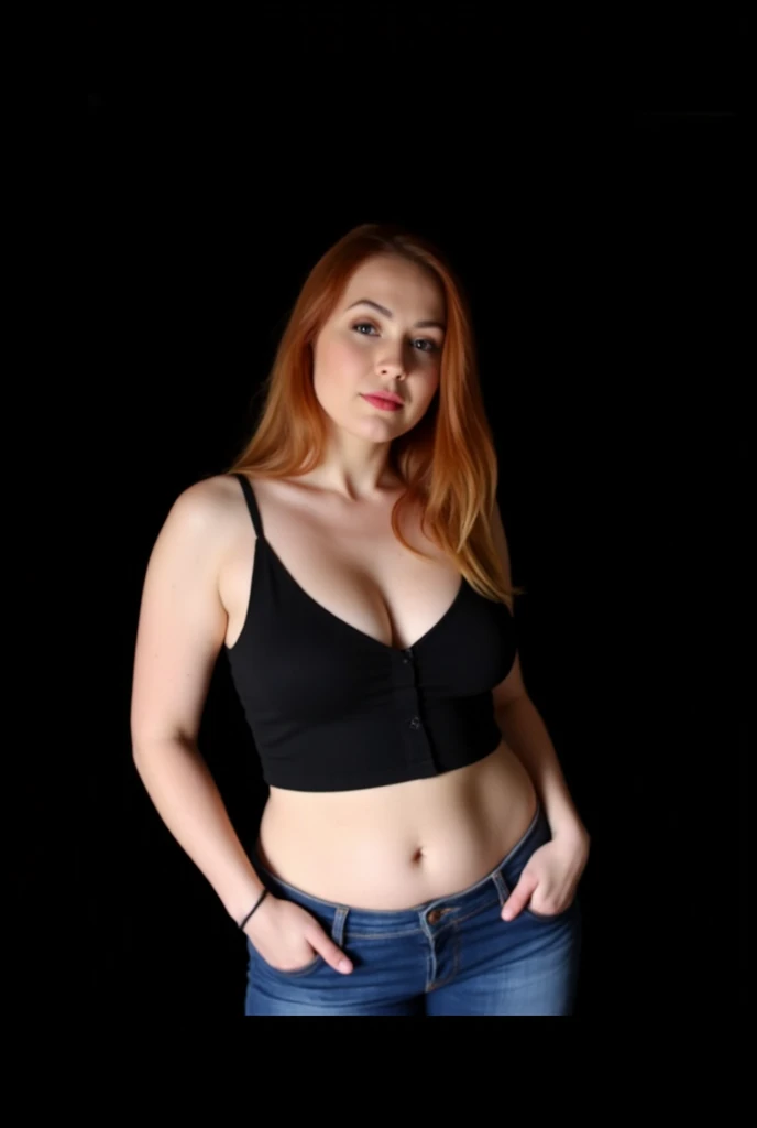 photo,8k,sharp focus, (((full body photography))), ((((only front view)))) of a ((((thick plus size, voluptuous, white pale skin goth american girl, with big tits and athletic body)))), blonde hairs with side undercut, medium make up, (((wearing black crop top with very short cap sleeves and scoop lower neck conspicuously showing her tit's cleavage in the front, belly button pierced with a diamond chain hanging))) and ((wearing very short torn blue jeans)), big ass, legs open from thighs to toes),(detailed eyes:0.8),(looking at the camera:1.4),(highest quality),(best eyeshadow),brown eyes,rim lighting,two tone lighting,dimly lit,low key,intricate details,interior,ponytails,ginger hair:1.3, open mouth:0.7, very faint freckles, photo, (realistic:1.3), 8k,