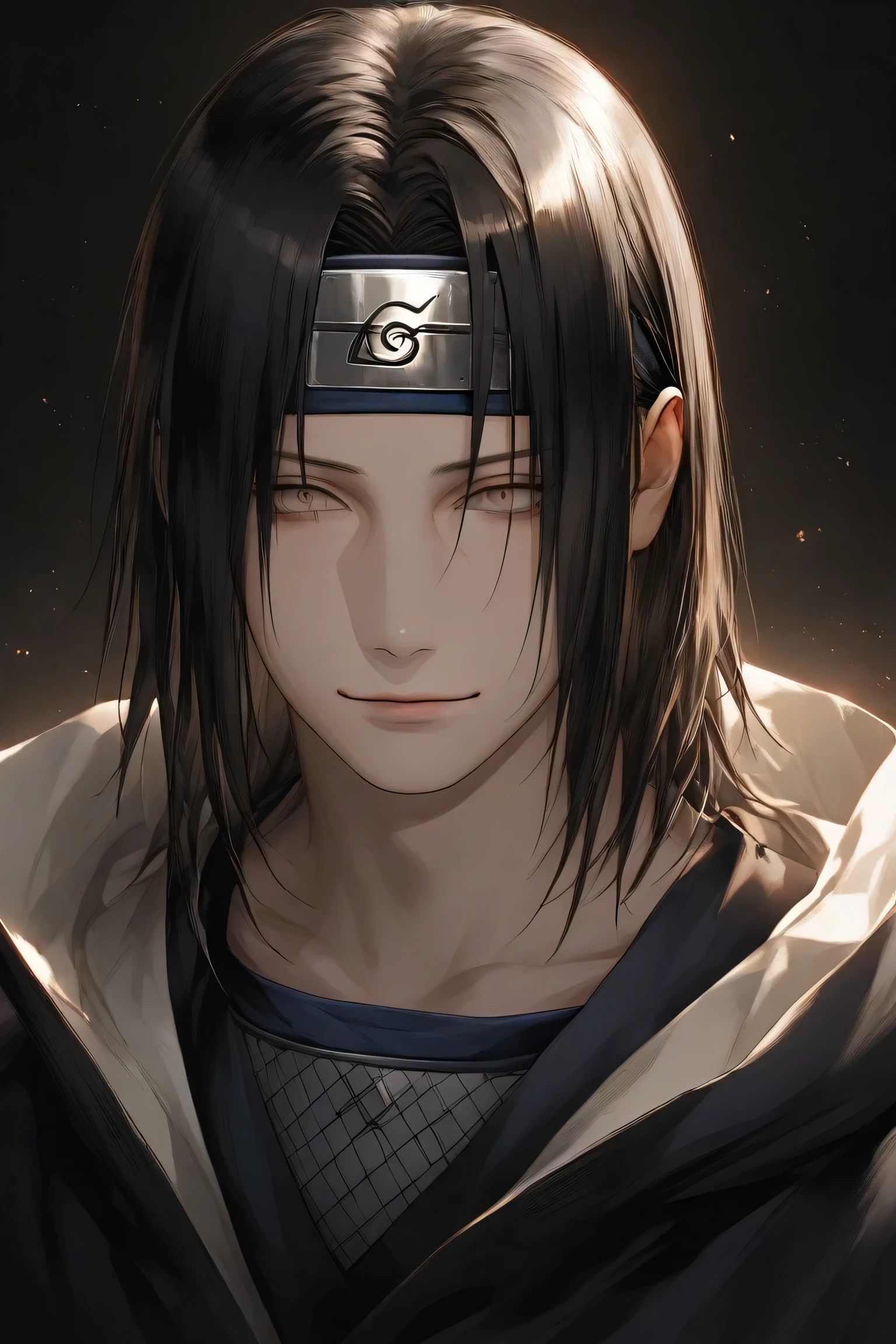 "Create a highly detailed, realistic image of Itachi Uchiha from the Naruto series. He should be shown in a serene environment, with a gentle smile on his face. His eyes should be calm and peaceful, with a hint of sadness. He should be placing his finger on Sasuke's forehead, as if imparting a final lesson or blessing. Itachi's face should be pale and gaunt, with a subtle hint of exhaustion and weariness. The image should be rendered in a muted color palette, with soft lighting and subtle shadows. Focus on capturing the emotional depth and complexity of Itachi's character in this poignant moment."