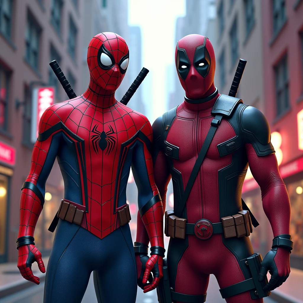 An music album picture with Deadpool and spider man, the colors can be based in light green, also add some diamond and dollar bills and Uni Duni Te as the tittle. Also make it in 1:1 proportion