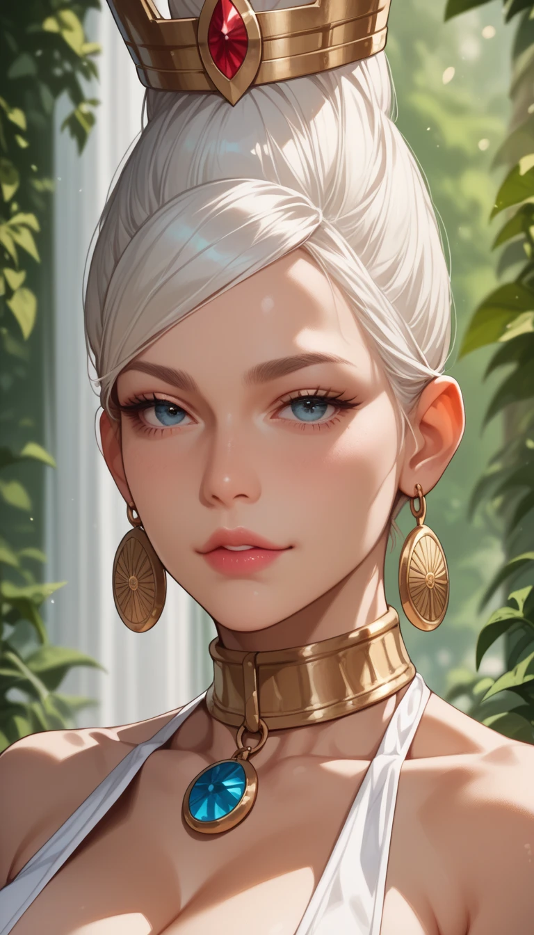 Close-up portrait of a playful white lady, undercut hair, Natural, aprons, Amazing white snake body, pronounced feminine features, Forest's, [Ash Blonde | Ginger | Pink hair], freckle, Flirting with camera