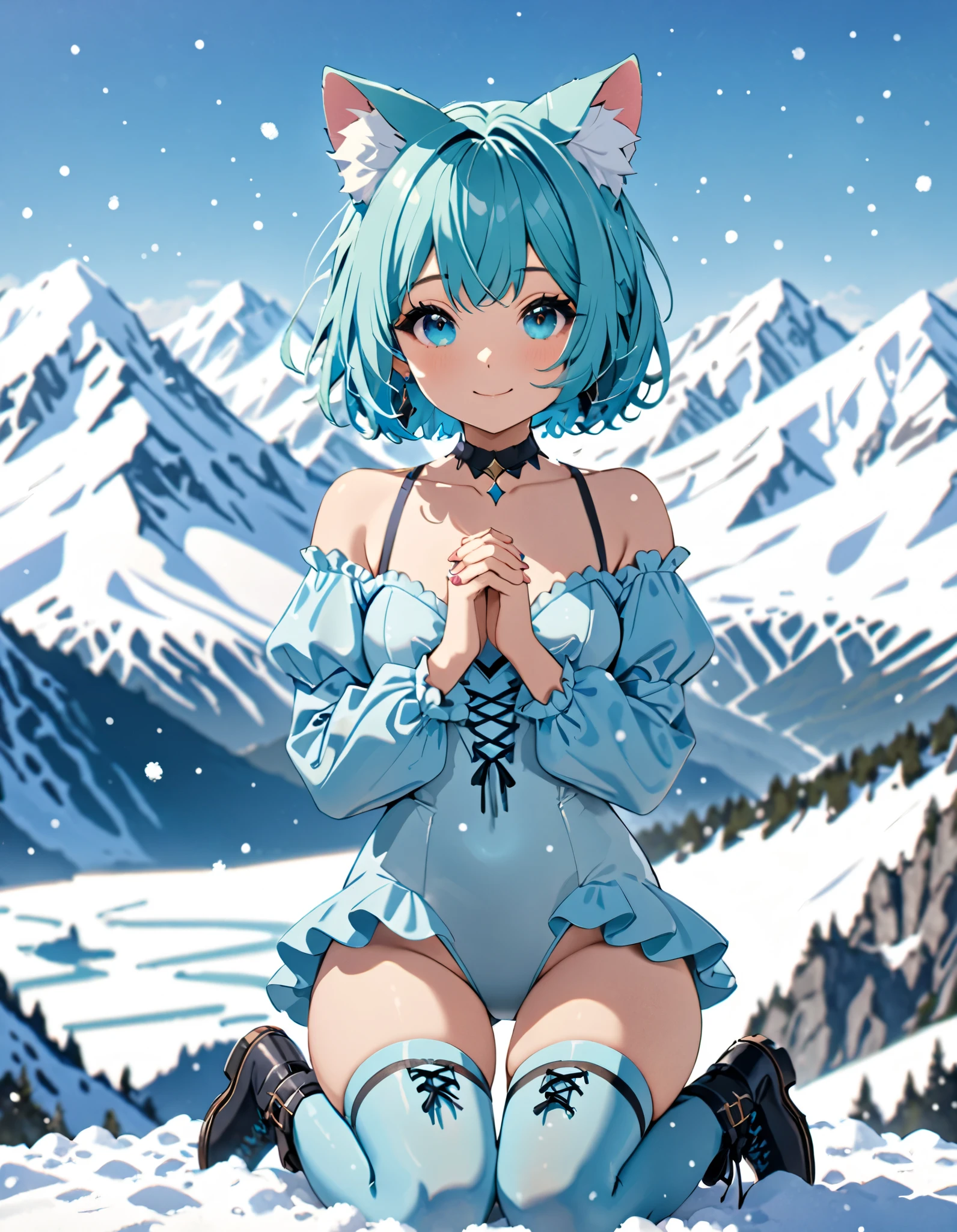 masterpiece, high quality, high resolution, highly detailed, 1girl, animal ear fluff, animal ears, aqua hair, bangs, bare shoulders, blue hair, long and puffy sleeves, bob hair, short hair, breasts, cat ears, collarbone, earrings, interlocked fingers, jewelry, leotard, looking at viewer, off shoulder, own hands clasped, own hands together, short hair, small breasts, smile, solo, thighhighs, thighs, white and blue knee-high lace-up boots, full body shot, frost surrounds her body, snow mountain backdrop, depth of field.