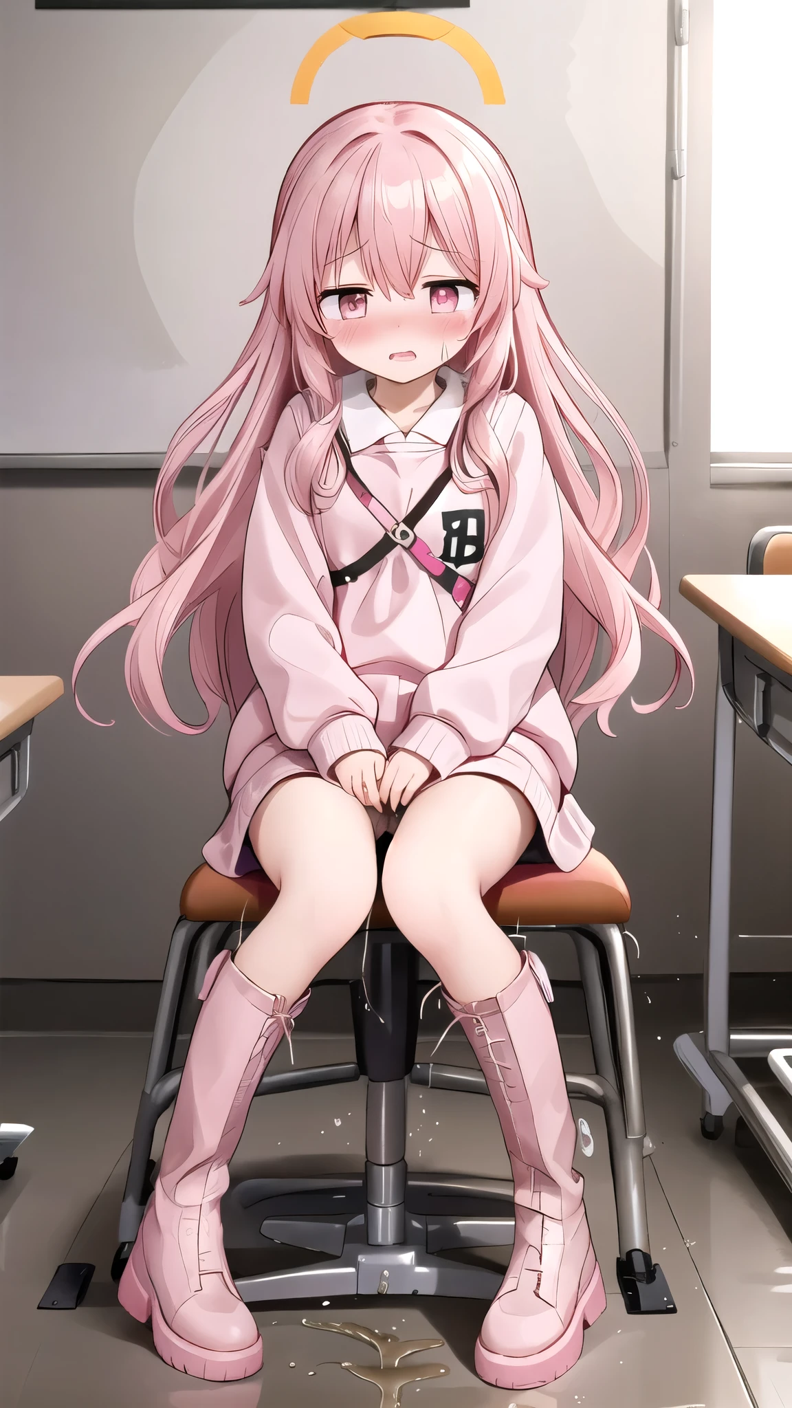 Pink long hair,Pink and white sweatshirt,Pink Eyes,Black headphones,White boots,blush shy,Leaking urine(1.2)classroom scene,eternal, cry, , Tears flow from the eyes, The embarrassment comes from, blush), (Girl is peeing: 1.2),, Look away, sit, Awkward, blush, Mouth slightly open, classroom (Girl Leaking urine): 1.5)