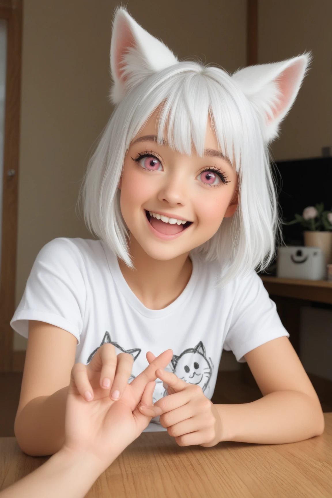 (best quality), (masterpiece), LoFi Aesthetic, closeup, highly detailed, 1boy, male focus, leather jacket, black shirt, denim pants,   red hair, short hair, red eyes, cat ears, hair ornament