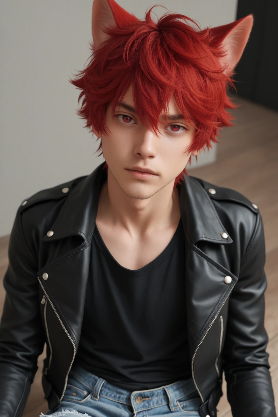 (best quality), (masterpiece), LoFi Aesthetic, closeup, highly detailed, 1boy, male focus, leather jacket, black shirt, denim pants,   red hair, short hair, red eyes, cat ears, hair ornament
