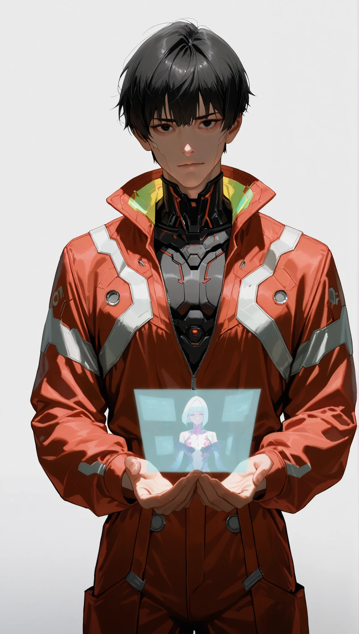 very aesthetic, 걸작, 고해상도, 8k 해상도, high contrast, semrealistic, newest, koreanai, best_quality, finely_detailed_eyes_and_detailed_face, 1 남성, cyberpunk, edgerunners, cyberware, black_eyes, black_hair, (masculine), red_jumpsuit, long_sleeves, looking at viewer, (standing, purpose, white_background), front_view, cowboy_shot, touching_hologram, hacker
