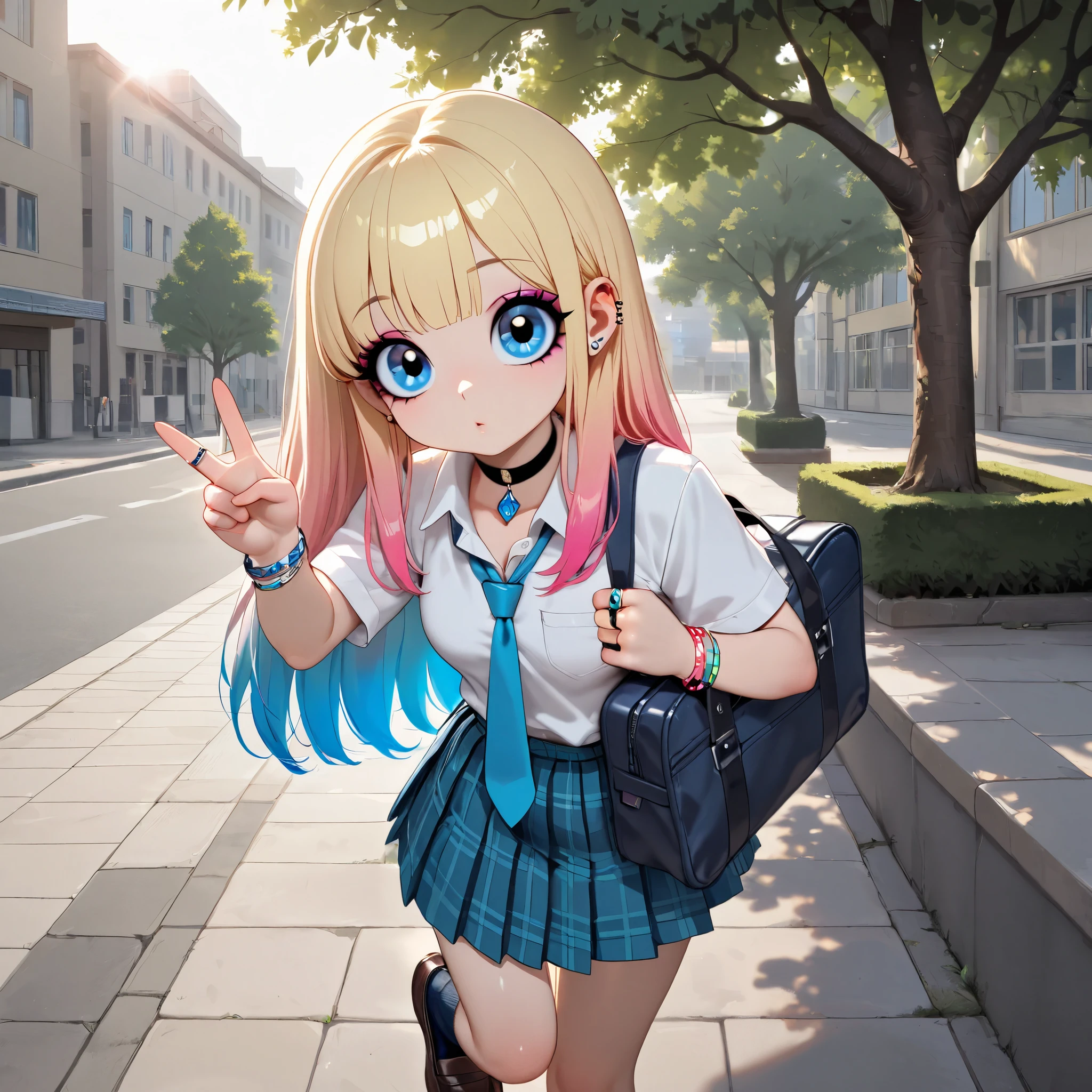Masterpiece, top quality, Hi-Res, solo, Japanese High School Girls, 18 years old, big eyes, makeup, Rondo hair , long hair, ブRondo hair , multi-colored hair , gradient hair , ear piercing, ビーズ bracelet, bracelet, ring, pendant choker , white collared shirt, tie shirt, blue tie, pleated skirt, Plaid Skirt , loafers, v sign, school bag, holding strap, outdoor, tree, sunlight, Sidewalk, building,