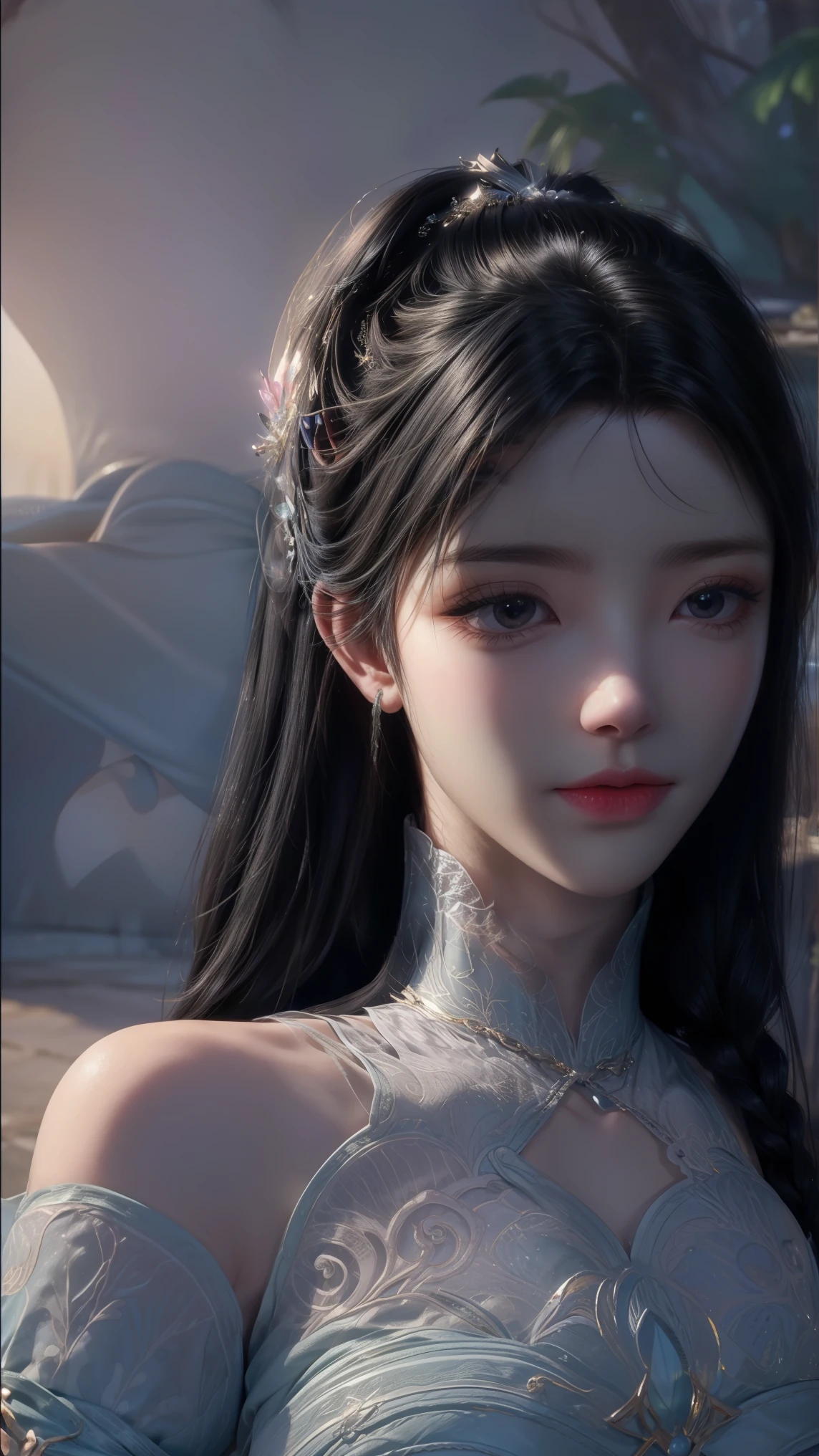 Front view,under water,sea town,deep sea town,light particles, halo, (bioluminescent:0.95), bioluminescent, piercing glare, vibrant, (((colourful))), color, (glowing, glow),ancient customs, wind blow, blossom, pond, night, moon relection in the pond, reflection light, depth of field, from behind, multiple views, delicated best quality ,masterpiece, illustration, an extremely delicate and beautiful, extremely detailed ,CG ,unity ,8k wallpaper, Amazing, finely detail, masterpiece,best quality,official art,extremely detailed CG unity 8k wallpaper,absurdres, incredibly absurdres, huge filesize , ultra-detailed, highres, extremely detailed,beautiful detailed girl, extremely detailed eyes and face, beautiful detailed eyes,light on face,1girl, (Super realistic), (black hair), (hair over one eye), (single braid hair), (rainbow eyes), ((hair ornament)), ((jewelry)), (hair jewelry), (((describe the arm in detail))), (((Super ))), ((sagging breasts)), ((Plump body)), (thighs), ((Plump )),, (detailed description of hair), ((upper body)), (Bare shoulder), ((collarbone)), (off shoulder), (Shiny skin), (detailed description of face), (Extremely detailed description of the eyes), (detailed description of body), (white and translucent skin), peerless beauty, (extreme beauty), (red lips), (shy ), (seductive smile), ((gothic tia dress)), (every pose),(smiling)