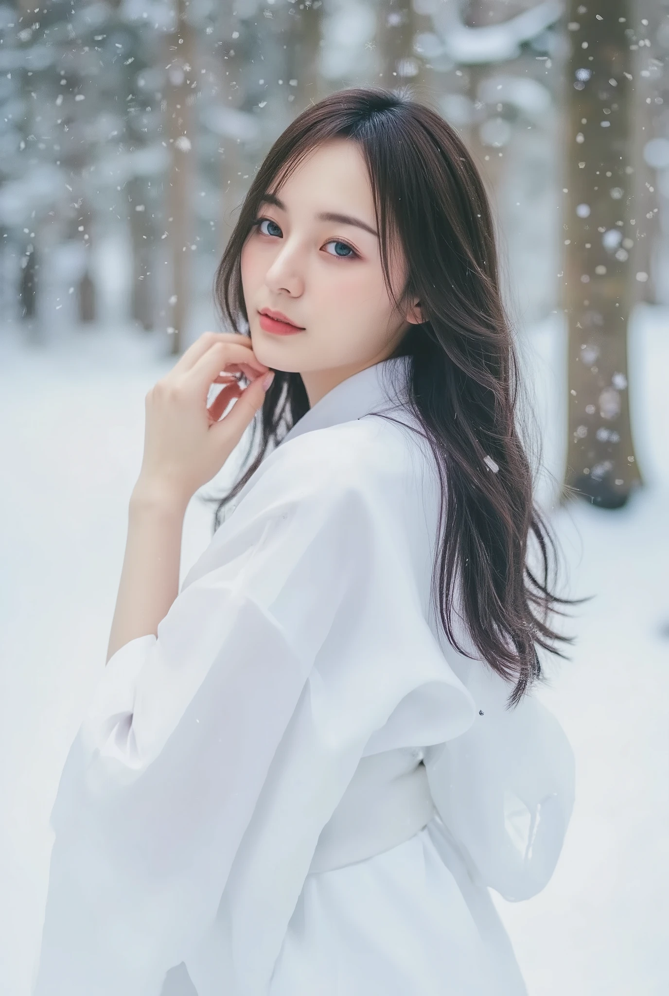 “A stunningly beautiful Japanese woman with long, flowing silver hair, wearing a white kimono. Her icy blue eyes radiate a mysterious and ethereal glow. She stands in a snowy forest, with snowflakes swirling around her. Her delicate features are both mesmerizing and slightly eerie, capturing the essence of the Yuki-onna, the legendary snow woman of Japanese folklore.
Big Breasts, stretched behind it , beautiful black hair, by leaning forward, has sex appeal