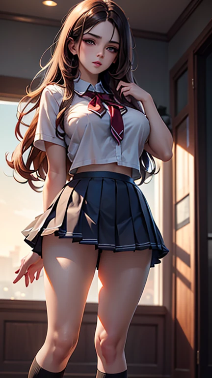 ((Tabletop, Highest quality, High resolution, , Pixel Perfect, 4K,))), 2 women, 、The whole body is visible、 ((Long Wavy Hair, bangs, Brown Hair)), ((Brown eyes, Beautiful eyelashes, Realistic eyes)), ((Detailed face, blush:1.2)), ((Smooth texture:0.75, Realistic texture:0.65, Realistic:1.1, Anime CG style)), Big Breasts, Dynamic Angle, Perfect body, (( , , Schoolgirl uniform、Sailor suit、White shirt、Pleated skirt、 、、Floral lace panties 、)), On the way up the stairs、Big staircase in the city、、、Very embarrassing panic smile, 、、The gesture of holding the skirt with your hand、、、、、、 、Angle from below)、