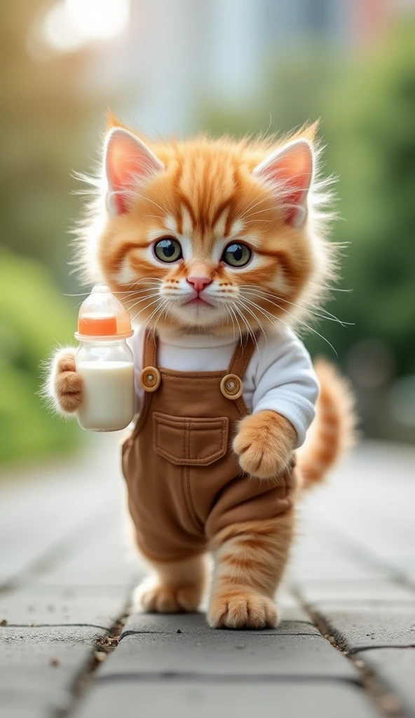 "A cute, fluffy orange kitten with big, expressive eyes, wearing tiny