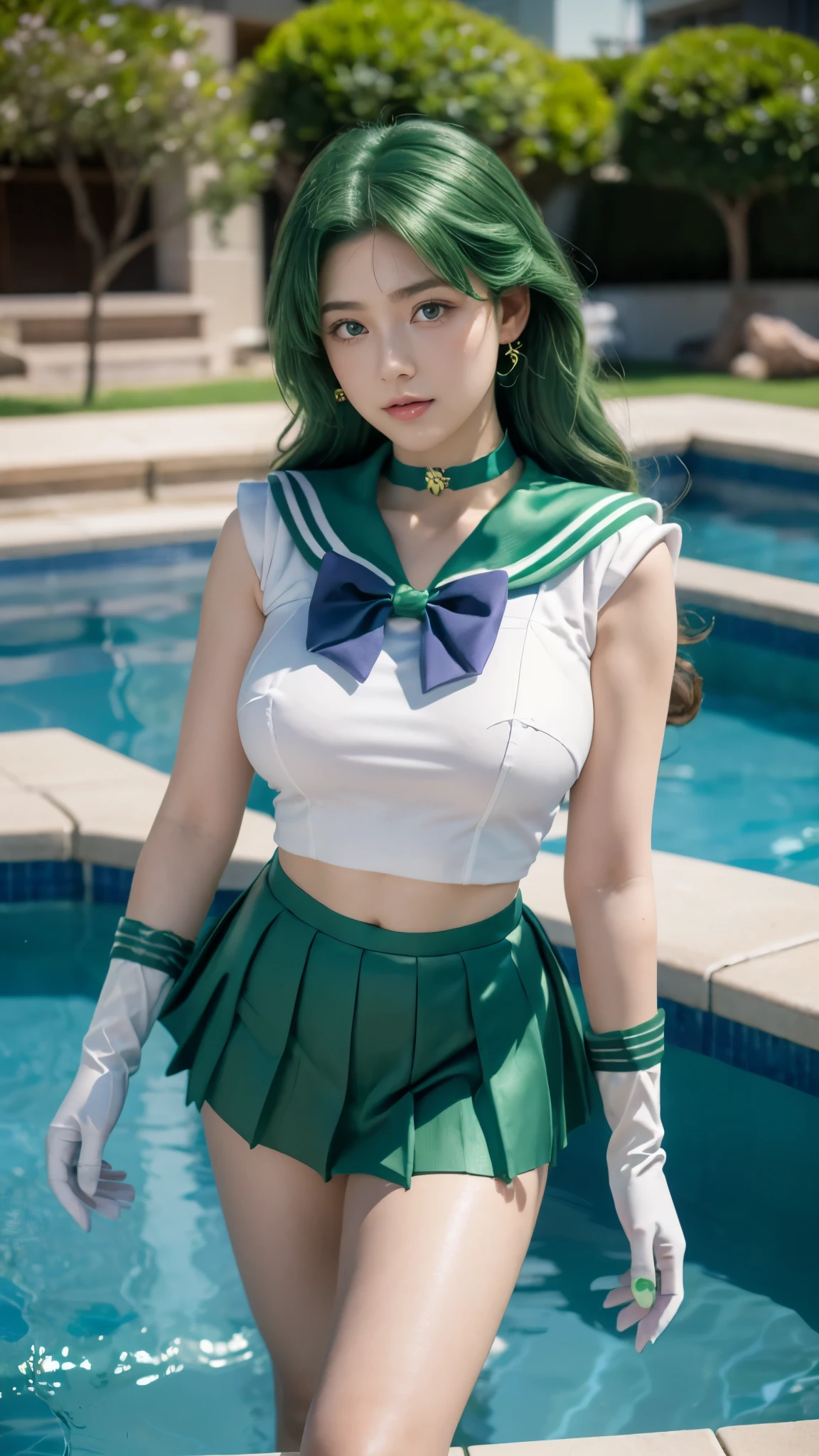 masterpiece, Highest quality, high resolution, (realistic), RAW photo, Octane rendering, Chubby face:1.1, sexy, Highest quality, Very detailed, Very accurate, Chubby face: 1.2, ((Wearing a Sailor Neptune costume)), close-up of a girl in a sailor costume posing near a swimming pool, ((Japanese girl)), anime girl cosplay, anime cosplay, cosplay, cosplay photo, realistic cosplay, anime girl in real life, full-cosplay, Sailor Moon. beautiful, baby face, light makeup, natural makeup, big breasts, tall and large body posture, thin lips, pink lips, pleated skirt, super short mini skirt, realistic anime photo, professional cosplay, sailor uniform, Sailor Moon style, ((green skirt, green sailor collar, green choker, bow tie on the chest, violet tie)), green hair, long wavy hair, ((Sailor Neptune signature hair)), long gloves, ((white gloves)), blue eyes, tiara, crescent moon earrings, (((background by the poolside))), body drawn perfectly, perfect hands and feet, perfect finger details, Sailor Neptune, Sailor Neptune cosplay, realistic.