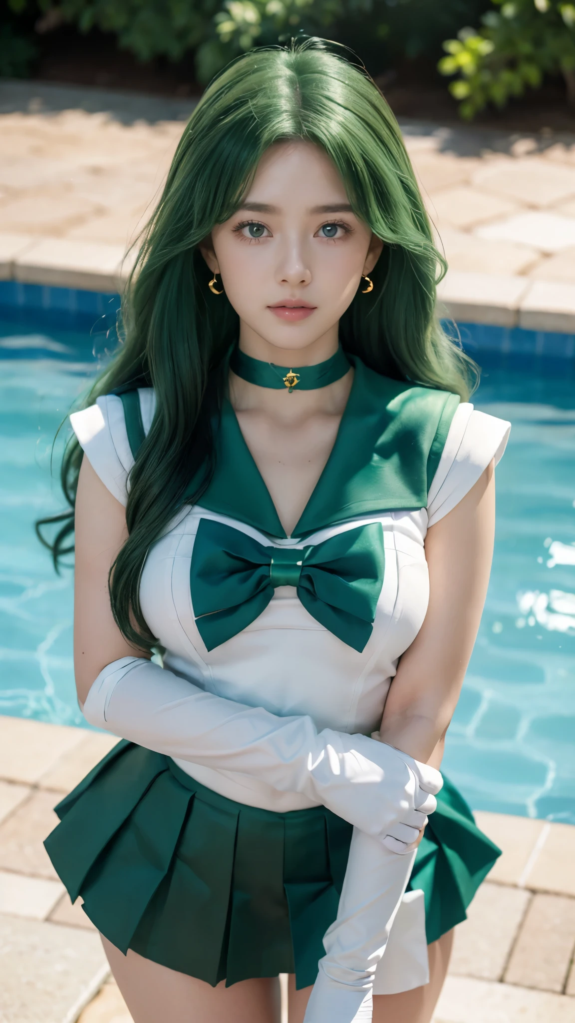 masterpiece, Highest quality, high resolution, (realistic), RAW photo, Octane rendering, Chubby face:1.1, sexy, Highest quality, Very detailed, Very accurate, Chubby face: 1.2, ((Wearing a Sailor Neptune costume)), close-up of a girl in a sailor costume posing near a swimming pool, ((Japanese girl)), anime girl cosplay, anime cosplay, cosplay, cosplay photo, realistic cosplay, anime girl in real life, full-cosplay, Sailor Moon. beautiful, baby face, light makeup, natural makeup, big breasts, tall and large body posture, thin lips, pink lips, pleated skirt, super short mini skirt, realistic anime photo, professional cosplay, sailor uniform, Sailor Moon style, ((green skirt, green sailor collar, green choker, bow tie on the chest, violet tie)), green hair, long wavy hair, ((Sailor Neptune signature hair)), long gloves, ((white gloves)), blue eyes, tiara, crescent moon earrings, (((background by the poolside))), body drawn perfectly, perfect hands and feet, perfect finger details, Sailor Neptune, Sailor Neptune cosplay, realistic.