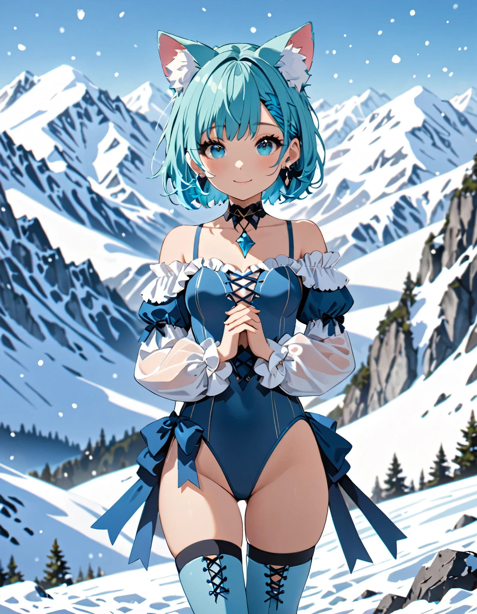 masterpiece, high quality, high resolution, highly detailed, 1girl, animal ear fluff, animal ears, aqua hair, bangs, bare shoulders, blue hair, long and puffy sleeves, bob hair, short hair, breasts, cat ears, collarbone, earrings, interlocked fingers, jewelry, leotard, looking at viewer, off shoulder, own hands clasped, own hands together, short hair, small breasts, smile, solo, thighhighs, thighs, white and blue knee-high lace-up boots, standing, full body with costume, full body shot, frost surrounds her body, snow mountain backdrop, depth of field.