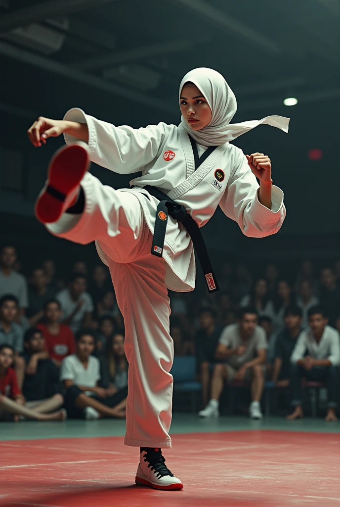 Create an image of a Malay girl in hijab practicing martial arts, showcasing her discipline and skill in a dynamic and empowering pose