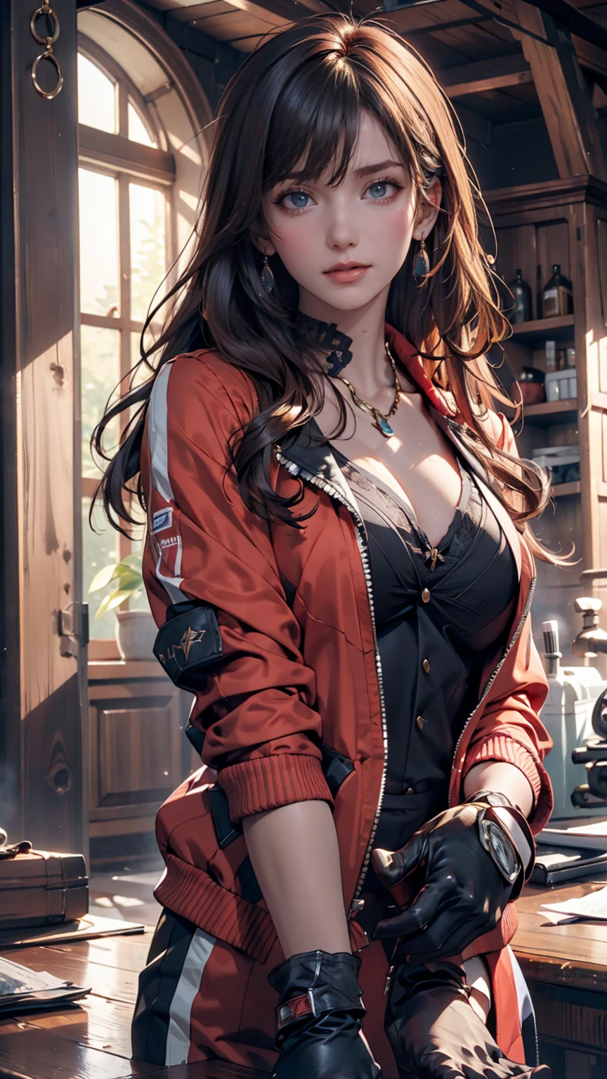 a closeup,(fidelity:1.4),(A big-breasted:1.2)Super high resolution,Cleavage,Burgundy leather coat,grey long hair,Highest image quality,Michelle Ice City,glass,fruit shop,lemon tea