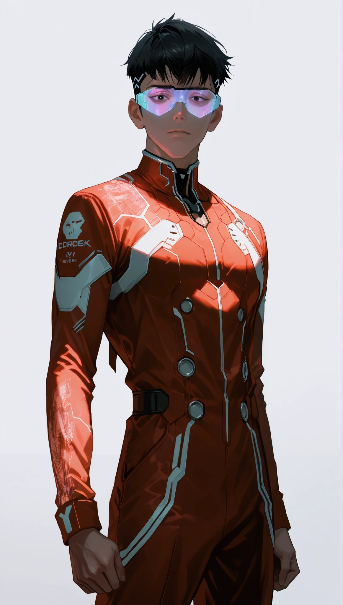 very aesthetic, 걸작, 고해상도, 8k 해상도, high contrast, semrealistic, newest, koreanai, best_quality, finely_detailed_eyes_and_detailed_face, 1 남성, cyberpunk, edgerunners, cyberware, black_eyes, glowing_eyes, black_hair, under_cut, (masculine), red_jumpsuit, long_sleeves, looking at viewer, (standing, purpose, white_background), front_view, cowboy_shot, wearing_hologram_glasses, hacker