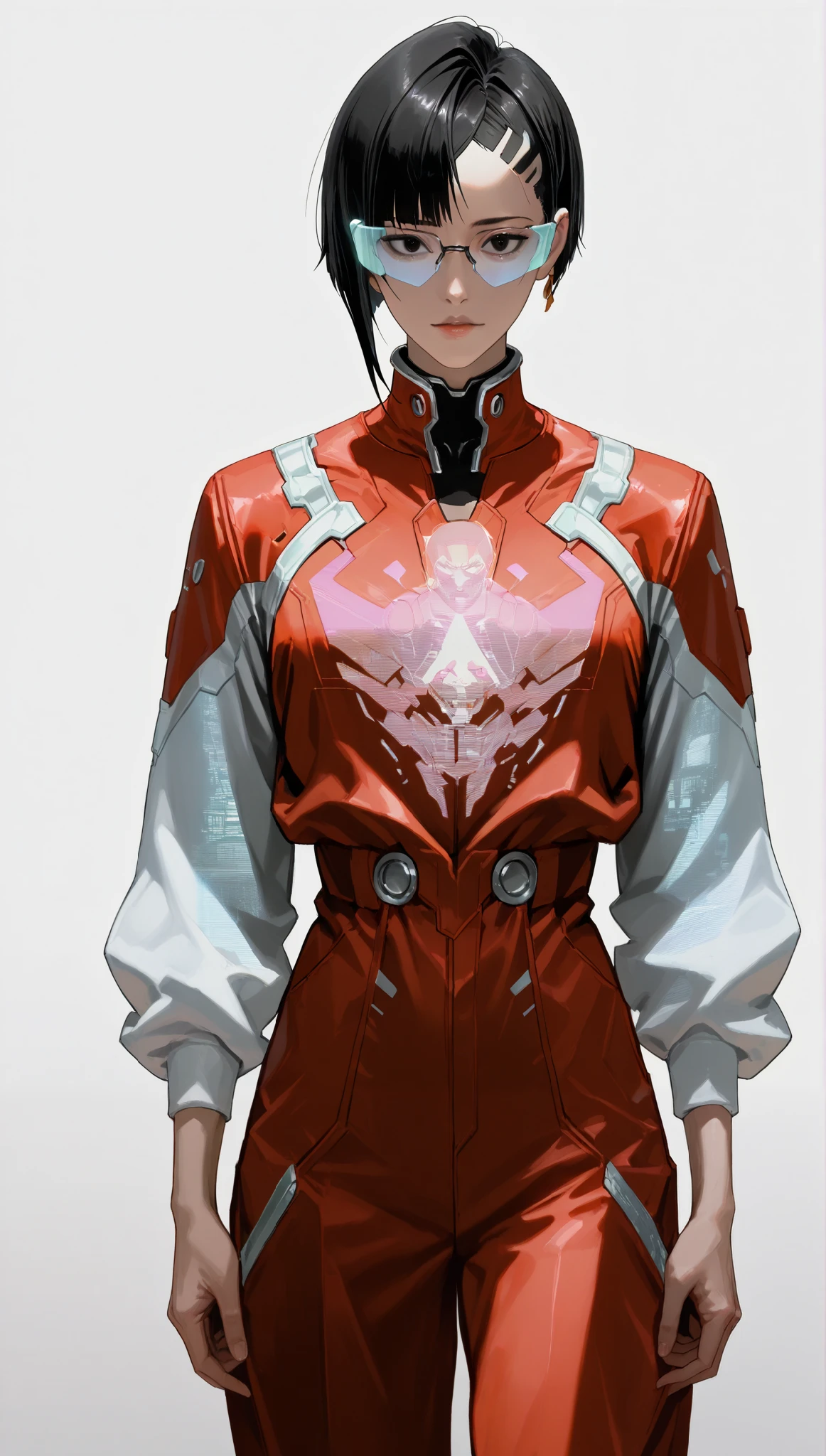 very aesthetic, 걸작, 고해상도, 8k 해상도, high contrast, semrealistic, newest, koreanai, best_quality, finely_detailed_eyes_and_detailed_face, 1 korean_남성, cyberpunk,  edgerunners, cyberware, black_eyes, black_hair, short_cut, parted_bangs, masculine, red_jumpsuit, long_sleeves, looking at viewer, (standing, purpose, white_background), front_view, cowboy_shot, wearing_hologram_glasses, hacker