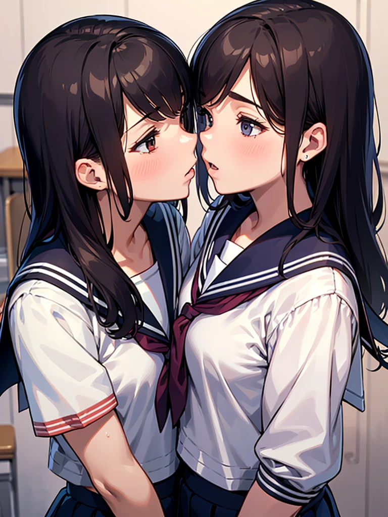 highest quality、cinematic lighting、school classroom、brown skin、black skin、Two girls in sailor suits、kissing girls、(Photo 1 seen from below:1)、evening、