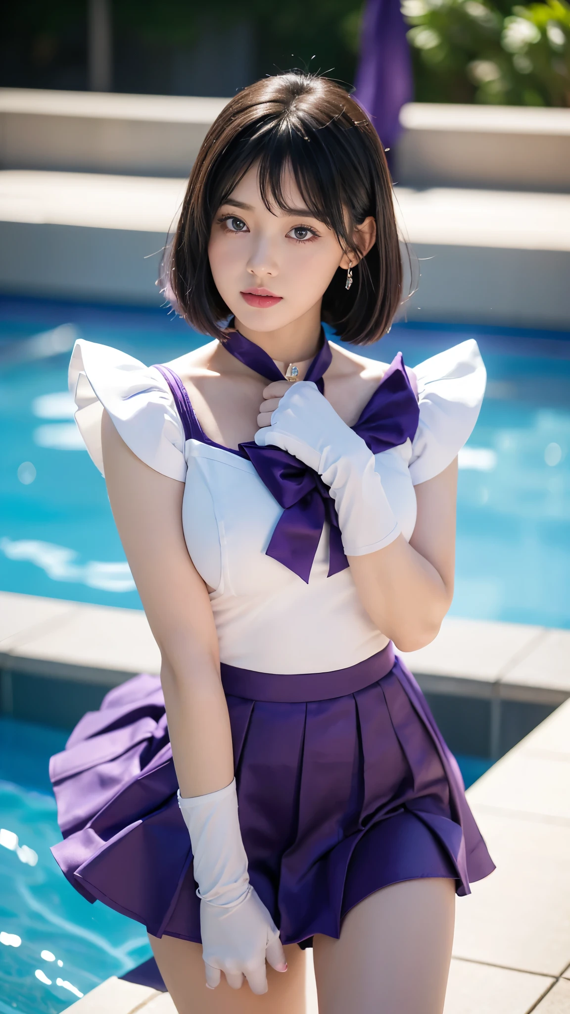 masterpiece, Highest quality, high resolution, (realistic), RAW photo, Octane rendering, Chubby face:1.1, sexy, Highest quality, Very detailed, Very accurate, Chubby face: 1.2, ((Wearing a Sailor Saturn costume)), close-up of a girl in a sailor costume posing near a swimming pool, ((Japanese girl)), anime girl cosplay, anime cosplay, cosplay, cosplay photo, realistic cosplay, anime girl in real life, full-cosplay, Sailor Moon. beautiful, baby face, light makeup, natural makeup, big breasts, tall and large body posture, thin lips, pink lips, pleated skirt, super short mini skirt, realistic anime photo, professional cosplay, sailor uniform, Sailor Moon style, ((purple dark skirt, purple dark sailor collar, purple dark choker, bow tie on the chest, red bow tie )), purple dark hair, short hair, ((Sailor Saturn signature hair)), long gloves, ((white gloves)), blue eyes, tiara, crescent moon earrings, (((background by the poolside))), body drawn perfectly, perfect hands and feet, perfect finger details, Sailor Saturn, Sailor Saturn cosplay, realistic.