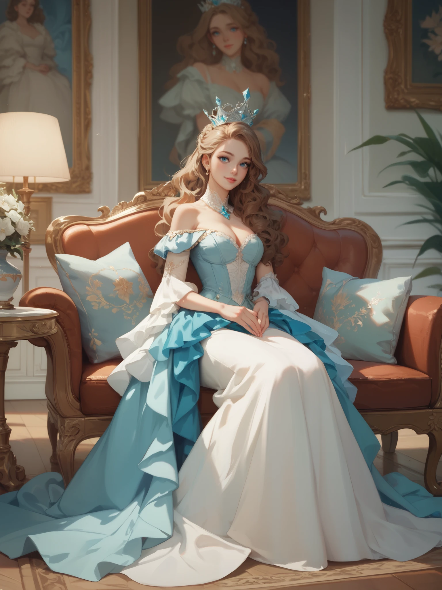 The brown-haired woman with long wavy hair and blue eyes like aquamarine. The background is the living room and she is sitting in a chair with her sitting gracefully like a royal family. She is wearing a light blue and white long dress with an ornate crown.