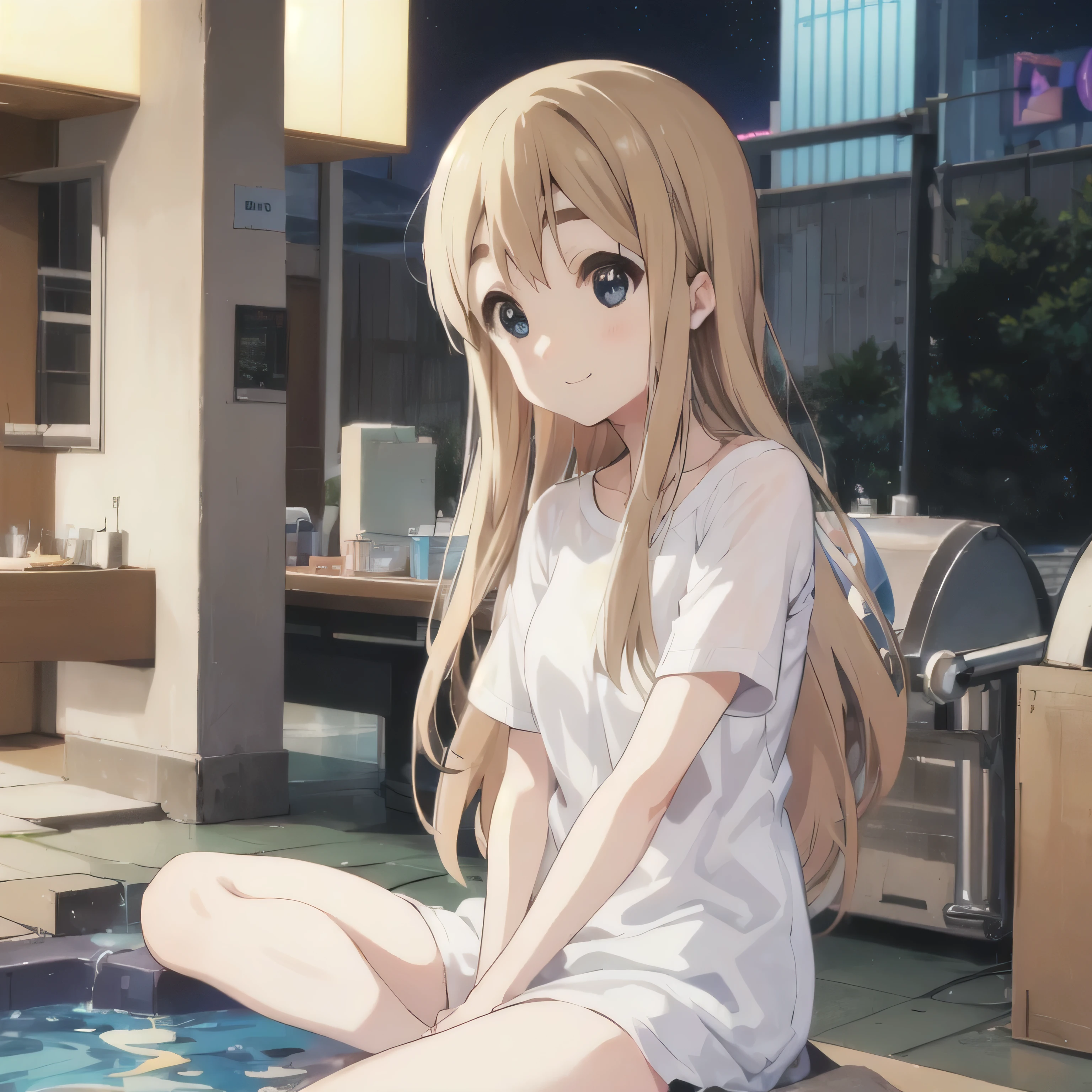 Night schedule several pools at water fountains
being seated and relaxed
Tsumugi Kotobuki beautiful little face
Showing her beautiful smile
Light blue eyes
And hair (loose honey blonde )
Looking from the front
dressed in a white t-shirt
detailed hands and arms