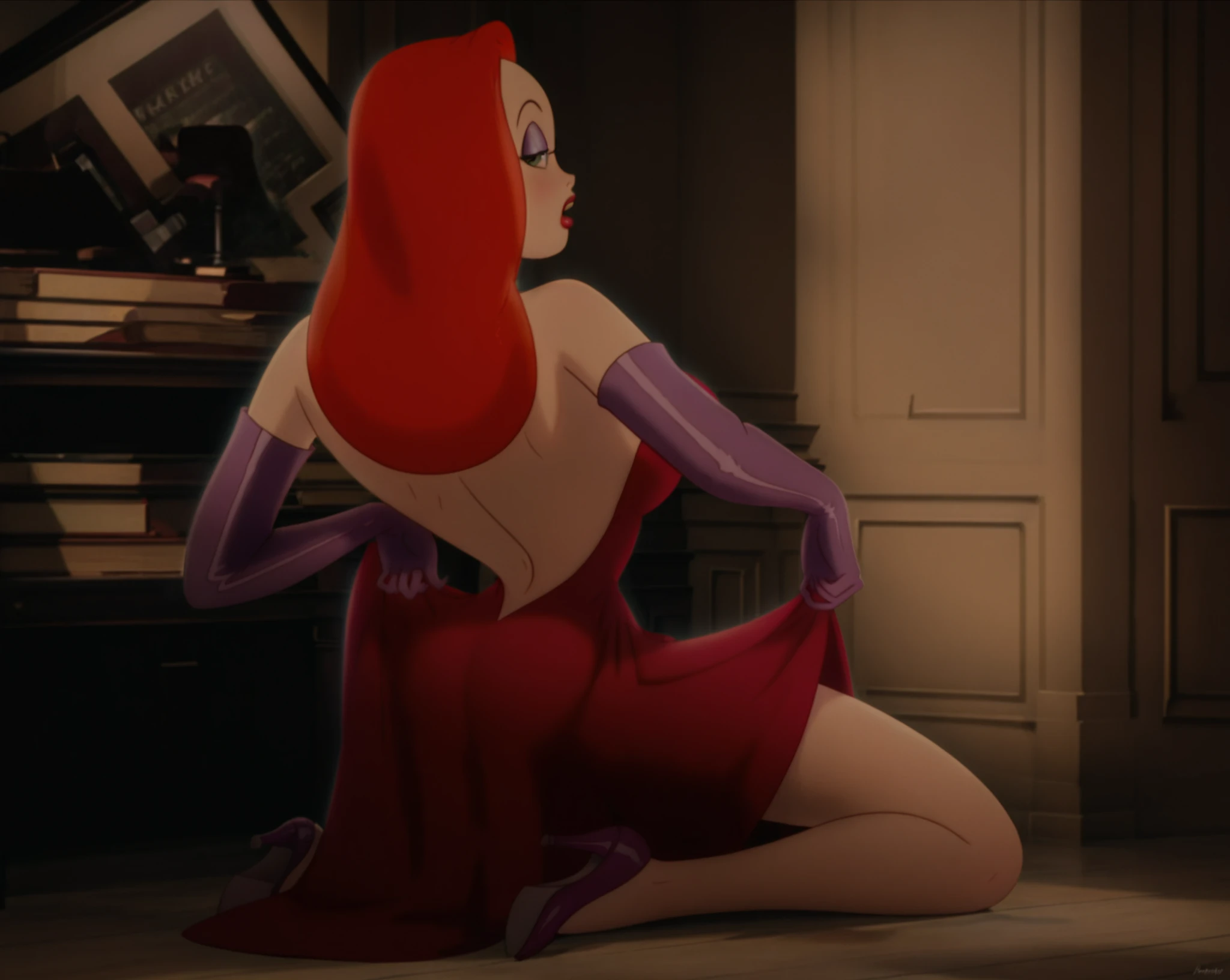 masterpiece, best quality, barefoot, tied to a chair,
1girl, jessicarab, red hair, long hair, hair over one eye, green eyes, bare shoulders, cleavage, red dress, strapless, elbow purple gloves, lipstick, makeup, side slit, full body, solo, looking at viewer, simple background