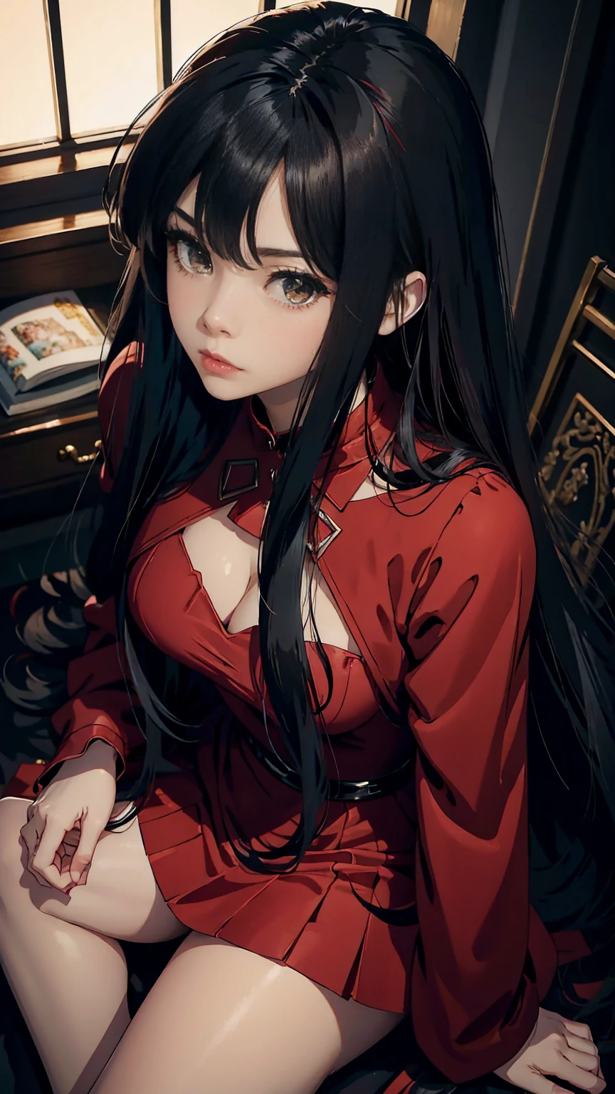 Adult woman, pale skin, Long black hair, Fox ears, Green eyes, red eyeshadow, red lipstick, Black Magic Dress, open breasts, smirk, Masterpiece, hiquality