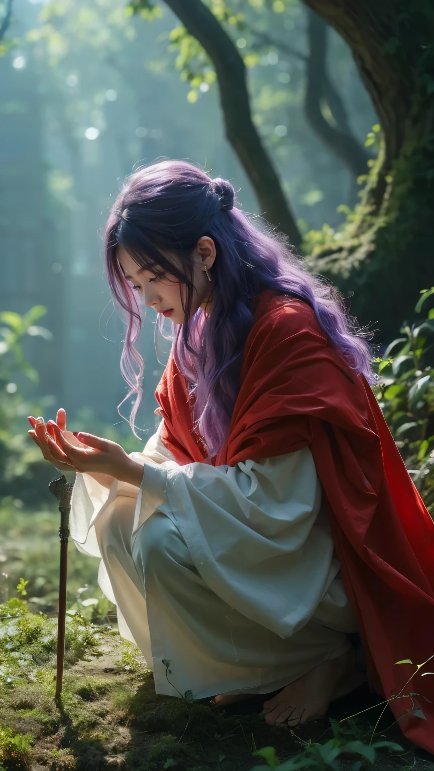 (( perfect hands)) clear coat.dq pom ,purple hair, earrings.、 top quality , bangs , Little head on the street :1.3 Ultra Realistic :1.2 , Masterpiece, top quality , More details, realistic lighting .A Broader Perspective. fantasy . Outdoors