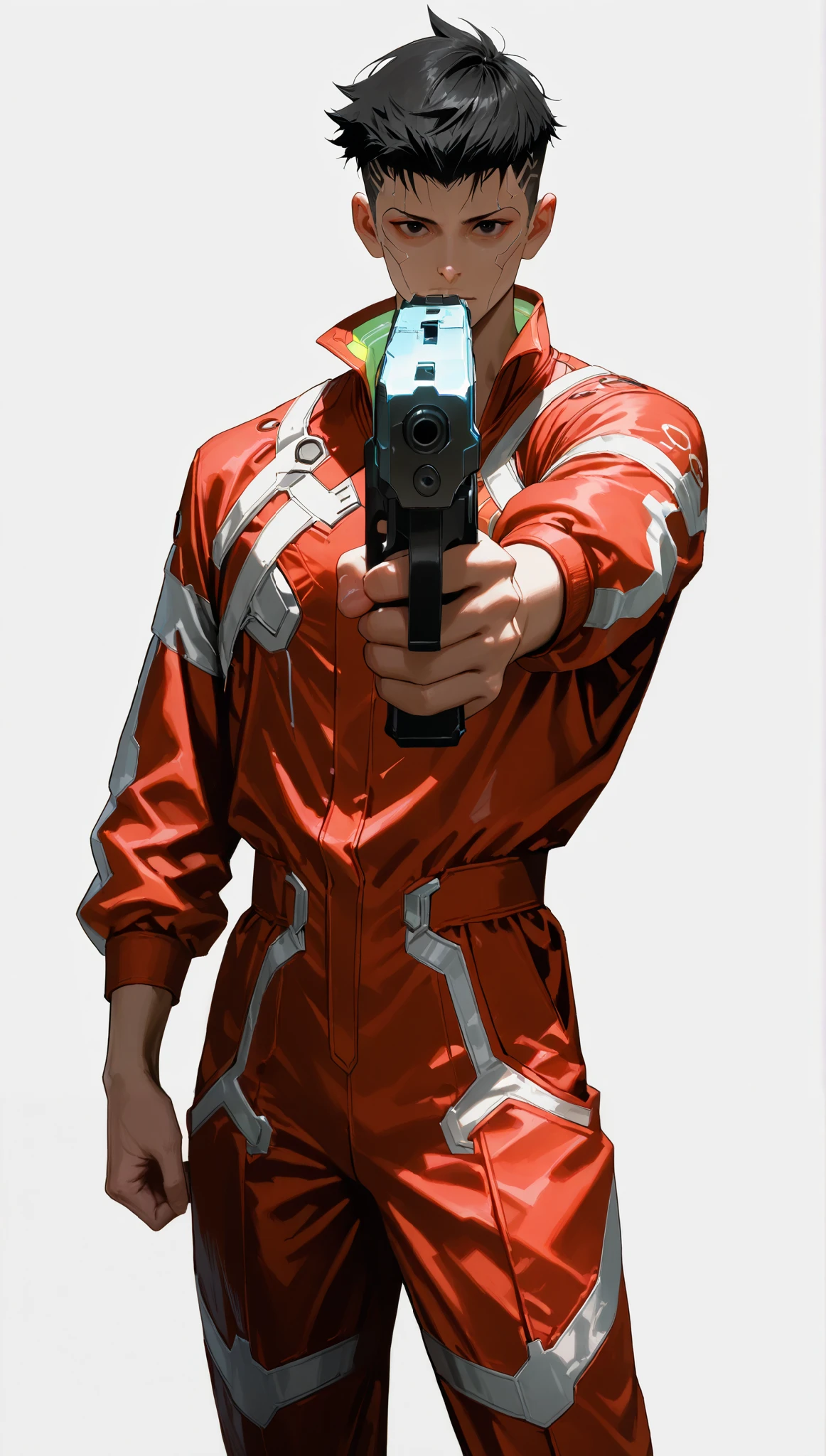 very aesthetic, 걸작, 고해상도, 8k 해상도, high contrast, semrealistic, newest, koreanai, best_quality, finely_detailed_eyes_and_detailed_face, (1 male), cyberpunk, edgerunners, cyberware, black_eyes, black_hair, (under_cut), (masculine), red_jumpsuit, long_sleeves, looking at viewer, (standing, purpose, white_background), front_view, cowboy_shot, holding_handgun