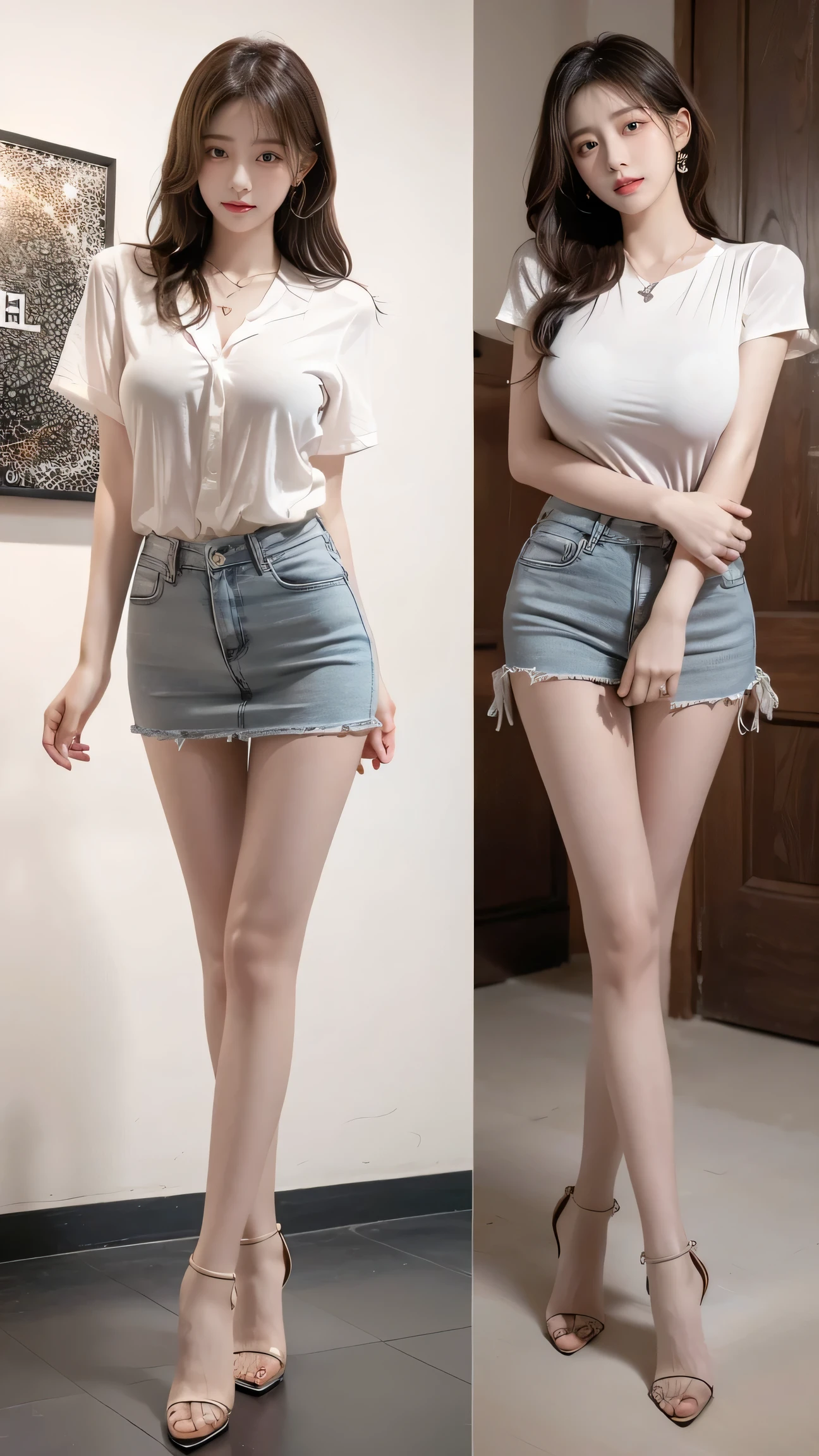 Full body shot of 1 beautiful woman, adult, large body, voluptuous woman, (very long straight hair),( brunette hair), outlined eyelids, made-up eyelids, turtleneck sweater, scarf, neckline, (blue mini denim skirt), tempting , dreaming, curvy hourglass figure, oppai proportion, tight skirt , tall, tall, long legs
